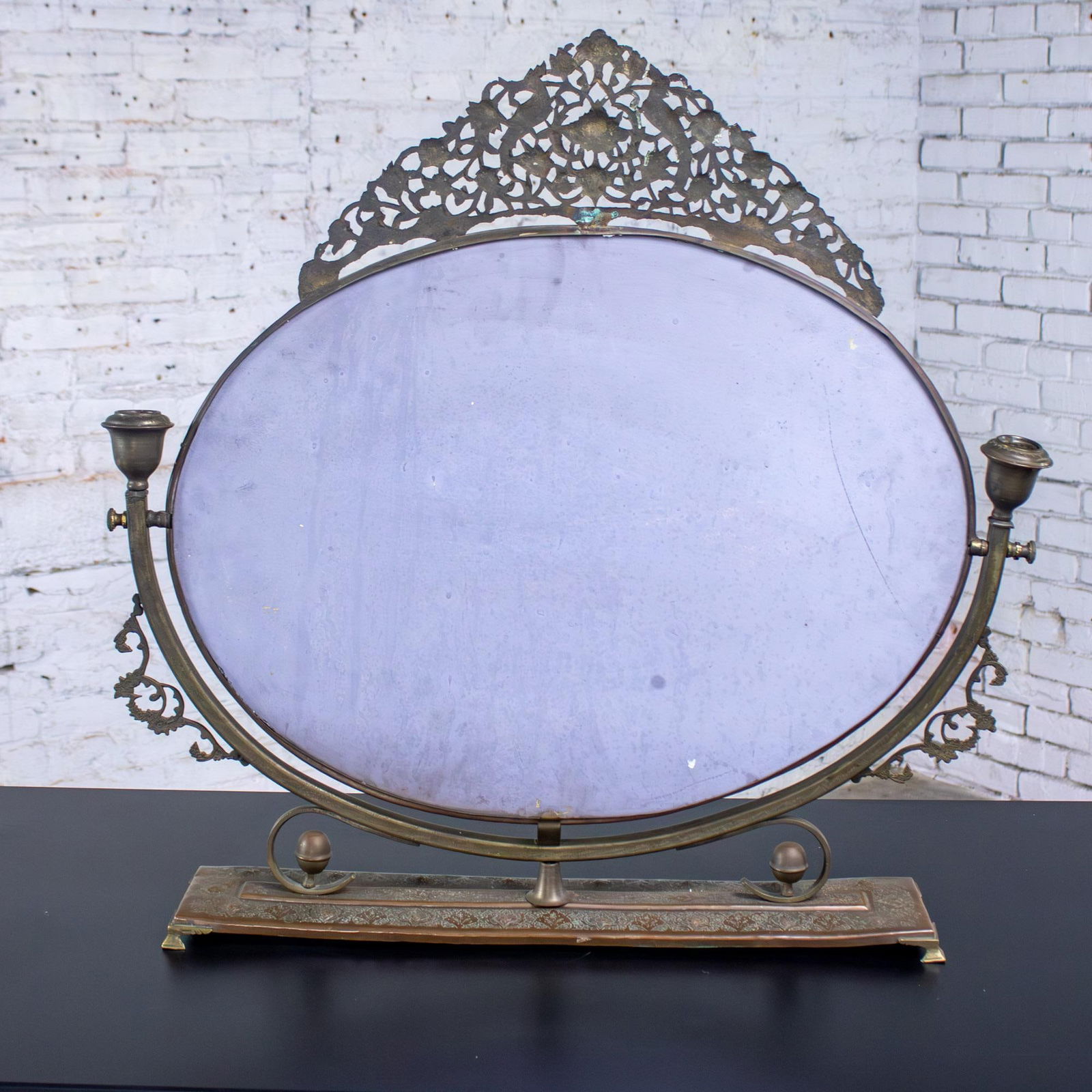 Late 19th to Early 20th Century Art Nouveau Tabletop Metal Vanity Oval Beveled Mirror W/Candle Holde - 17