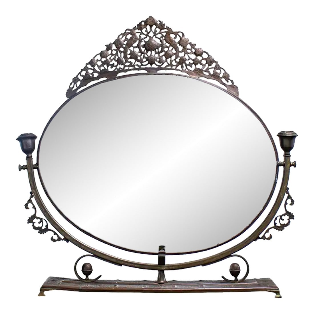 Late 19th to Early 20th Century Art Nouveau Tabletop Metal Vanity Oval Beveled Mirror W/Candle Holde (1 of 18)