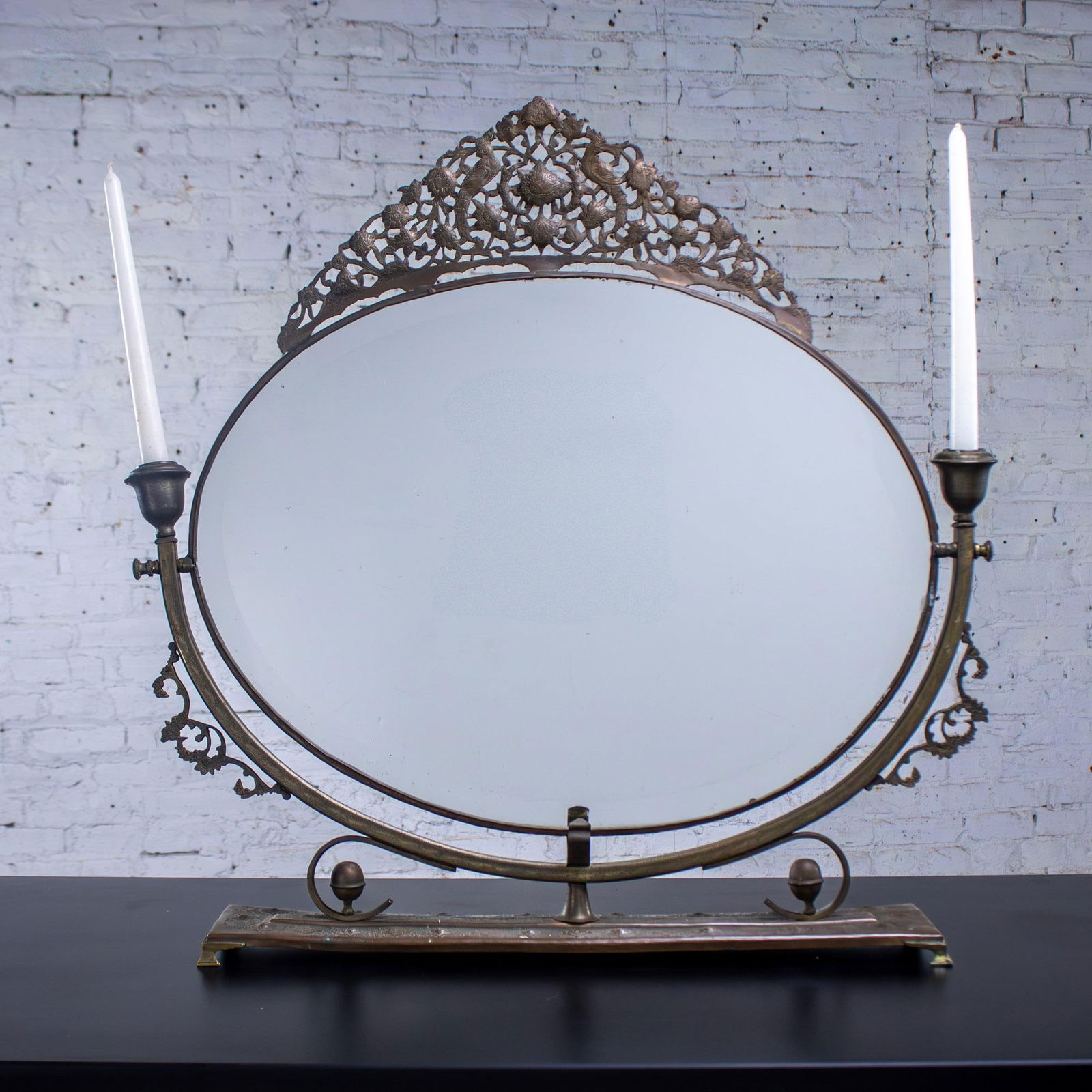 Late 19th to Early 20th Century Art Nouveau Tabletop Metal Vanity Oval Beveled Mirror W/Candle Holde - 2