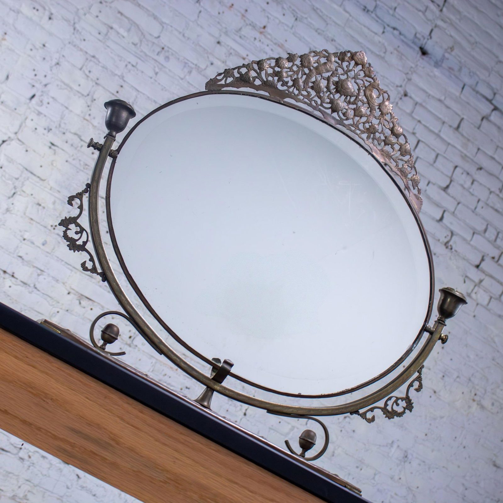 Late 19th to Early 20th Century Art Nouveau Tabletop Metal Vanity Oval Beveled Mirror W/Candle Holde - 3