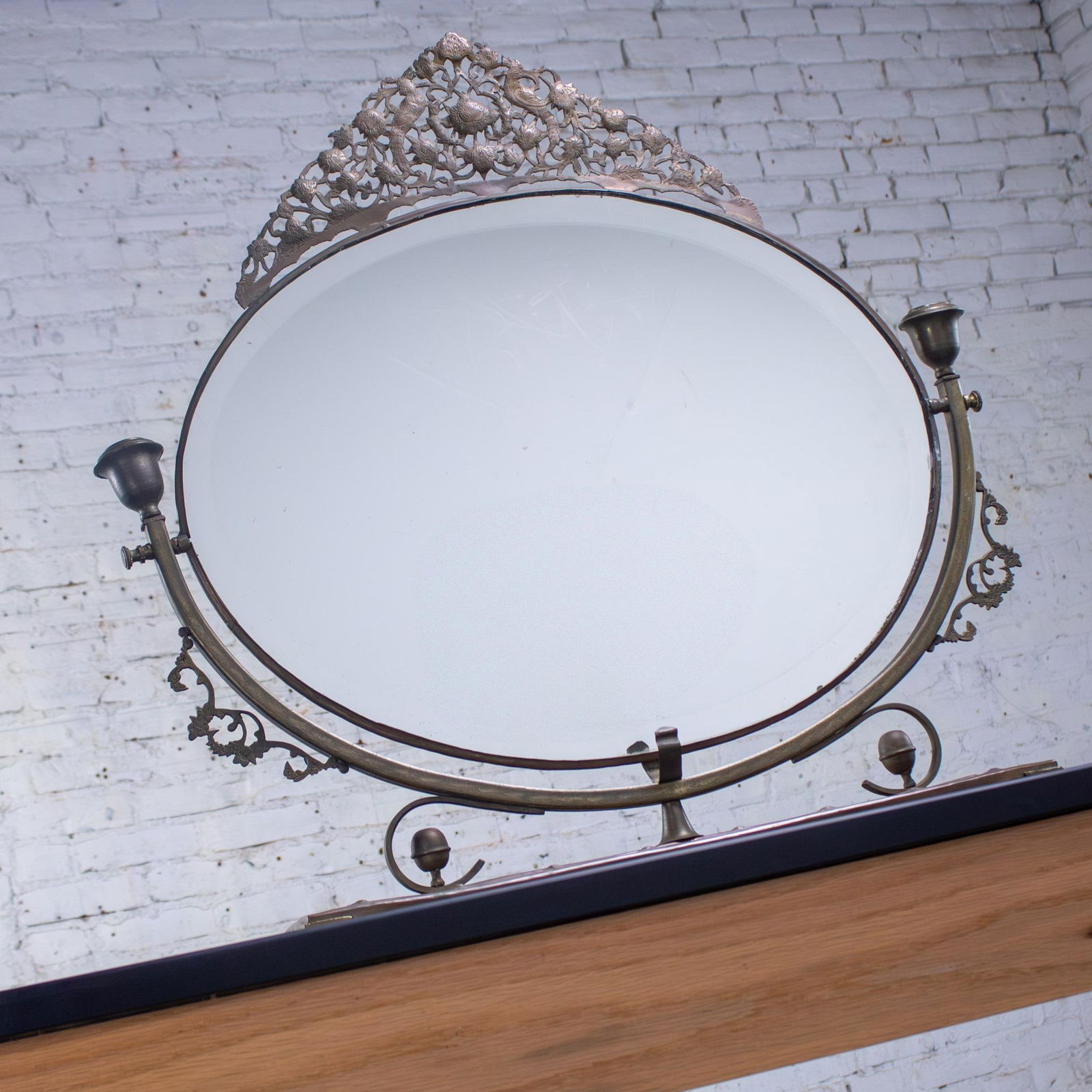 Late 19th to Early 20th Century Art Nouveau Tabletop Metal Vanity Oval Beveled Mirror W/Candle Holde - 4