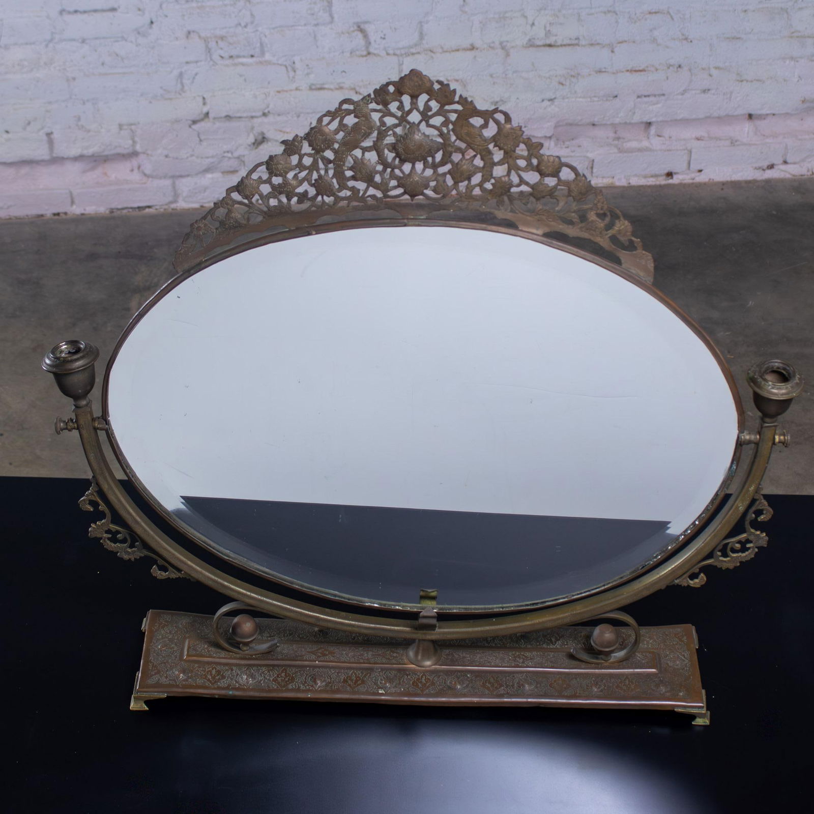 Late 19th to Early 20th Century Art Nouveau Tabletop Metal Vanity Oval Beveled Mirror W/Candle Holde - 5