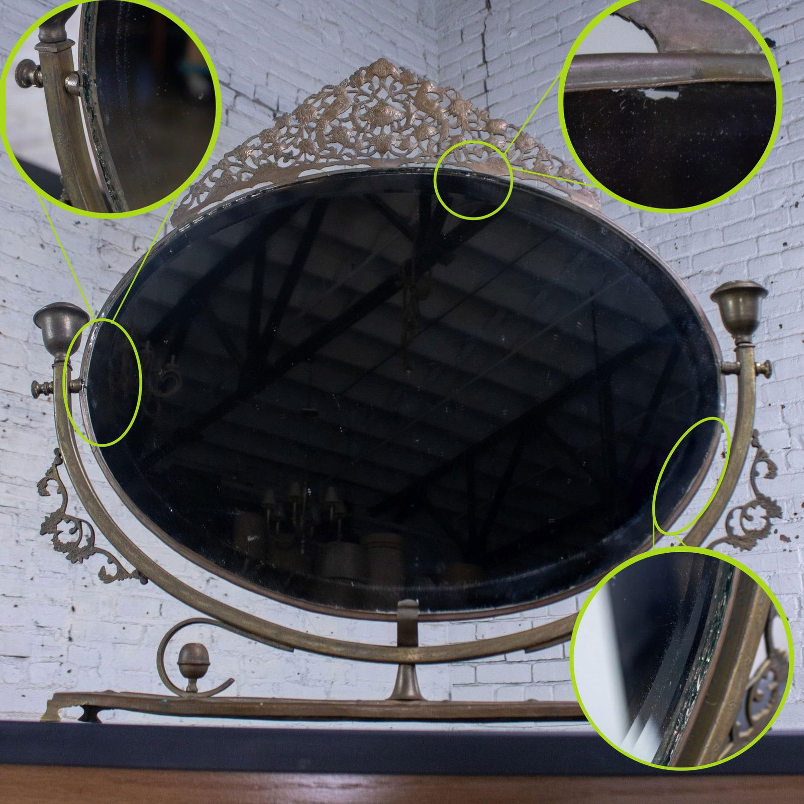 Late 19th to Early 20th Century Art Nouveau Tabletop Metal Vanity Oval Beveled Mirror W/Candle Holde - 7