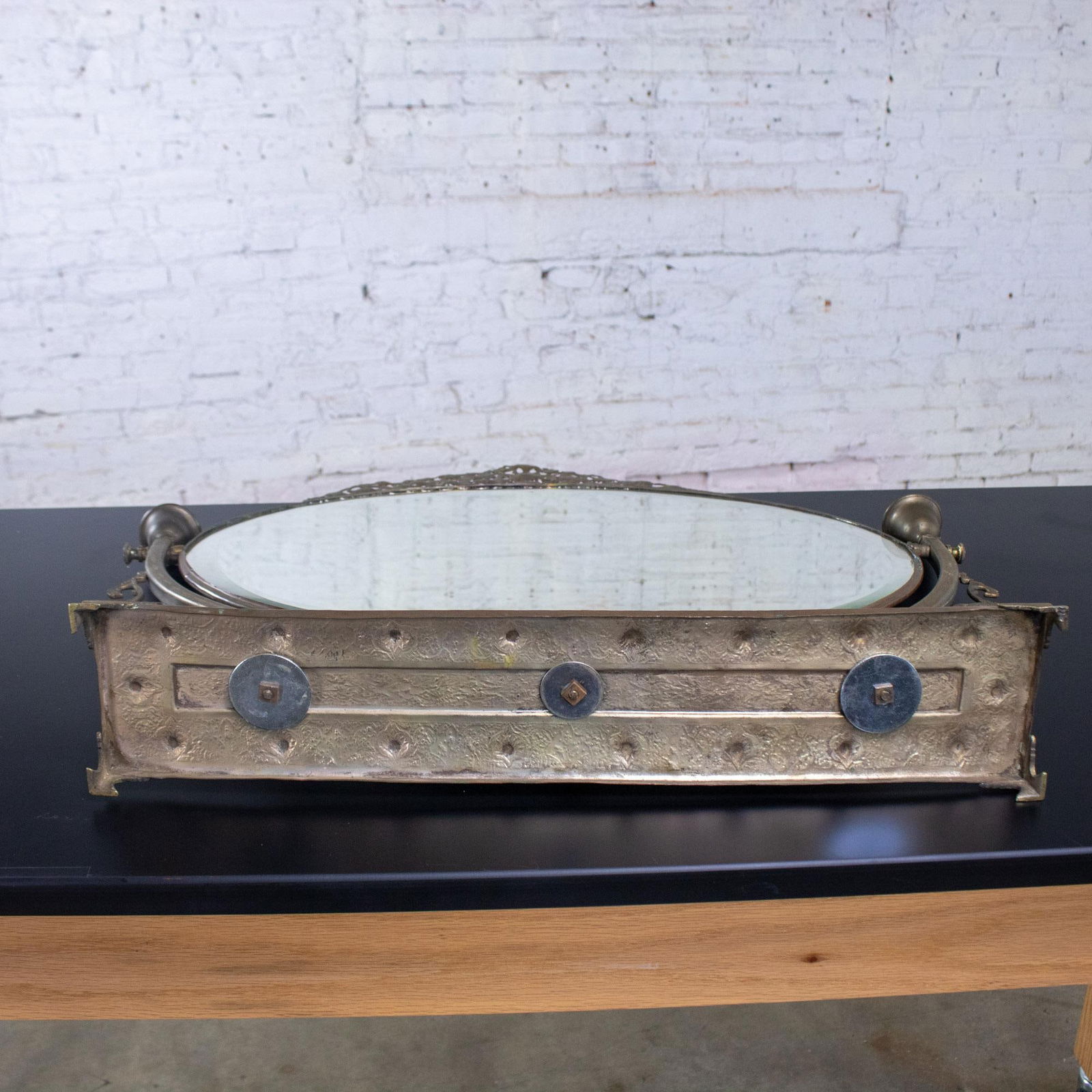 Late 19th to Early 20th Century Art Nouveau Tabletop Metal Vanity Oval Beveled Mirror W/Candle Holde - 8