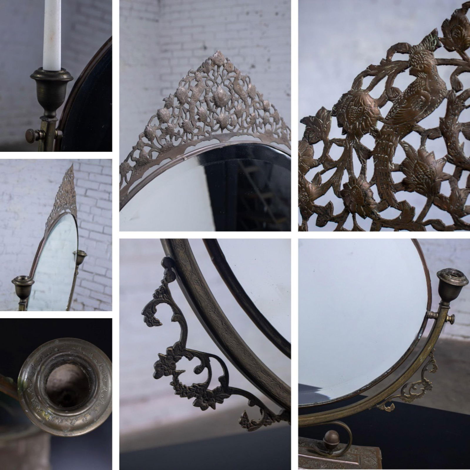 Late 19th to Early 20th Century Art Nouveau Tabletop Metal Vanity Oval Beveled Mirror W/Candle Holde - 9