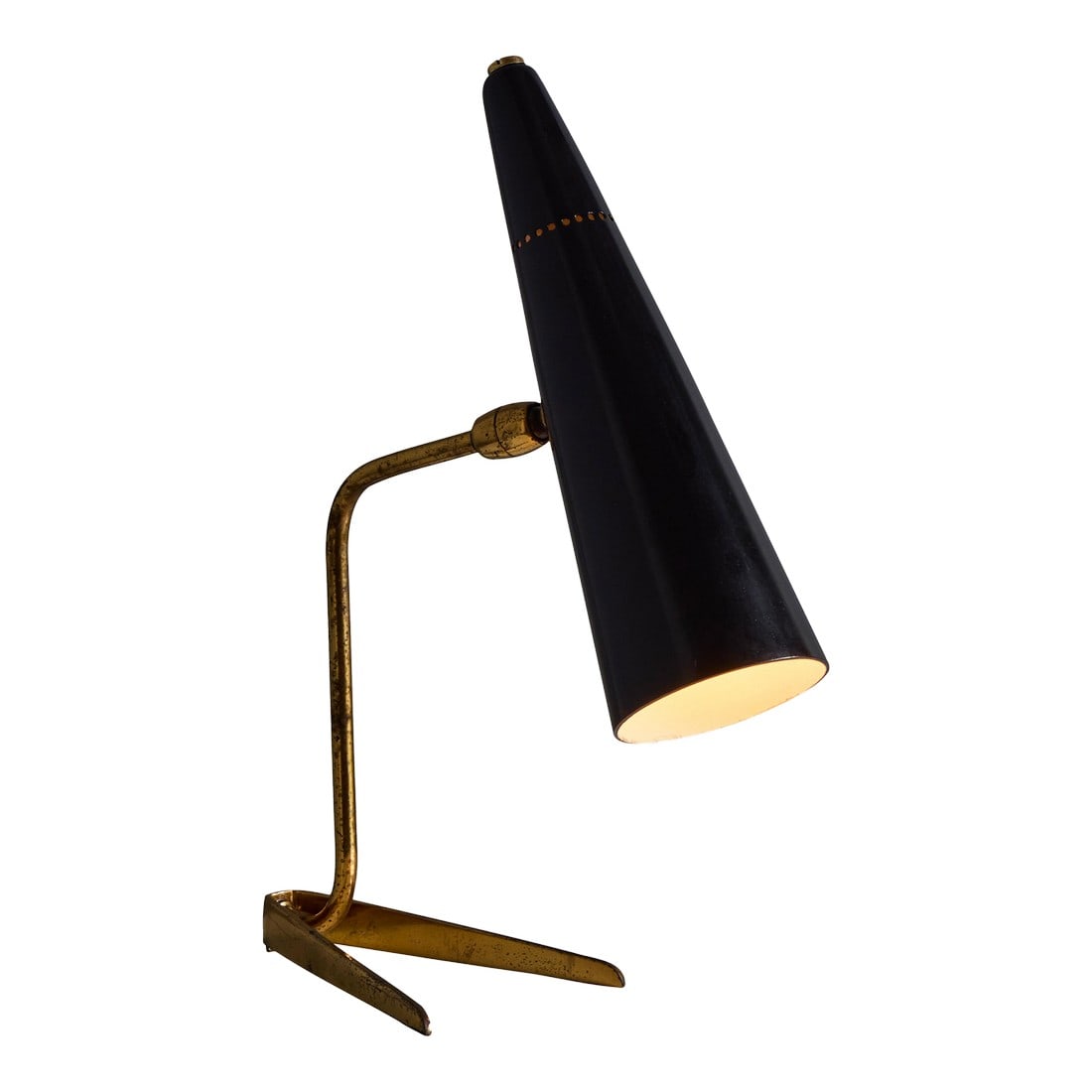 1950s Stilux Milano Black and Brass Conical Table Lamp: 1950s Stilux Milano Black and Brass Conical Table Lamp This quintessentially midcentury Italian table lamp is executed in a long conical black painted metal shade mounted on a patinated brass arm