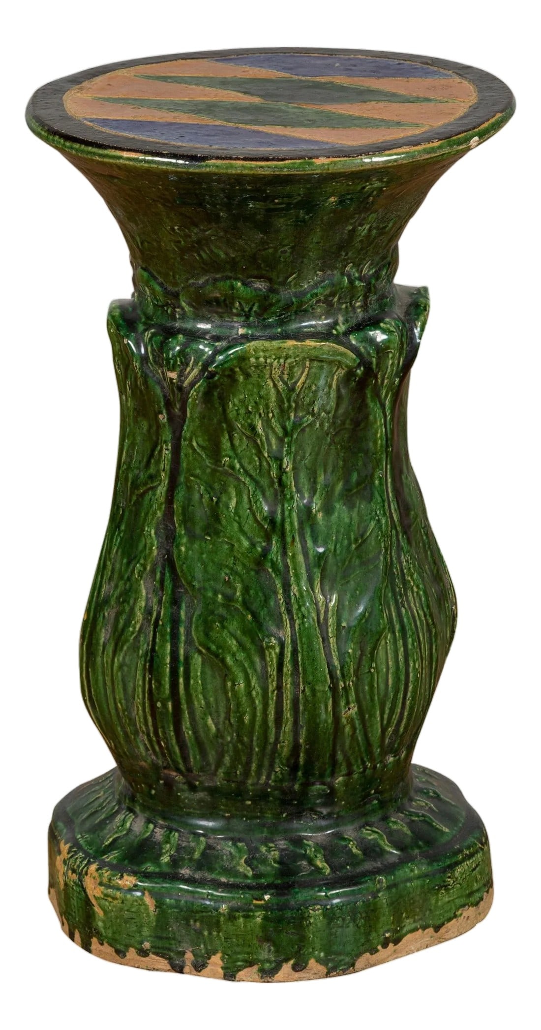 Antique Vietnamese Green Glazed Pedestal with Foliage Design and Diamond Motifs: An antique Vietnamese green glazed pedestal from the early 20th century, with foliage design and diamond patterns. Created in Vietnam in the early years of the 20th century, this green glazed