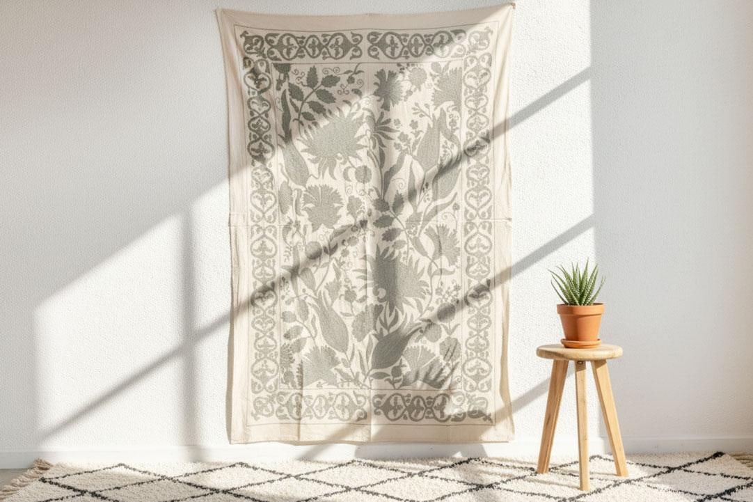 Exquisite Pearl Tone Hand-Embroidered Suzani Throw - 2