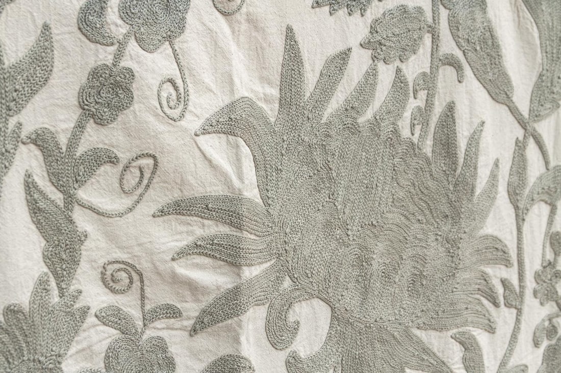 Exquisite Pearl Tone Hand-Embroidered Suzani Throw - 3