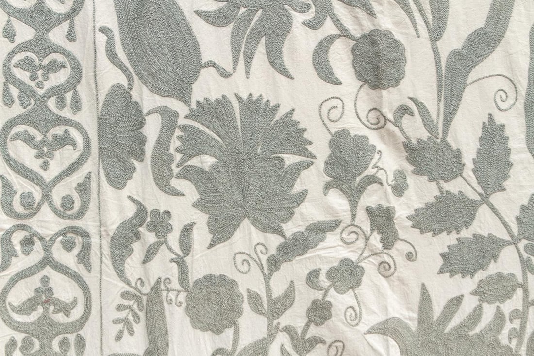 Exquisite Pearl Tone Hand-Embroidered Suzani Throw - 5