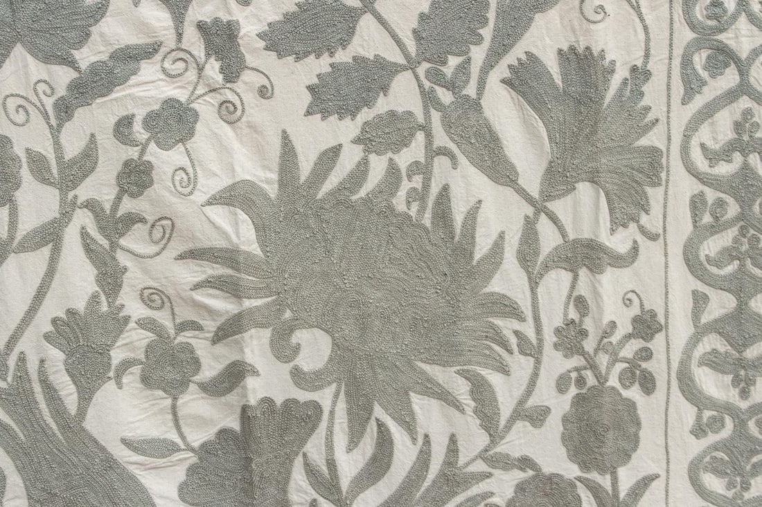 Exquisite Pearl Tone Hand-Embroidered Suzani Throw - 7