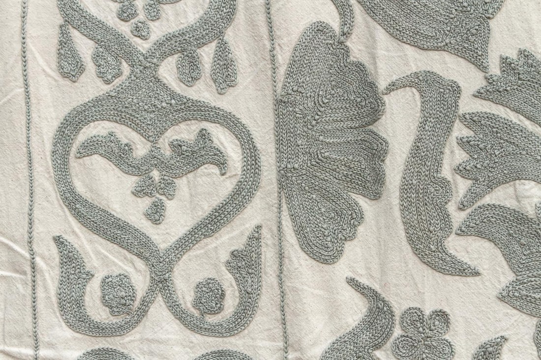 Exquisite Pearl Tone Hand-Embroidered Suzani Throw - 8