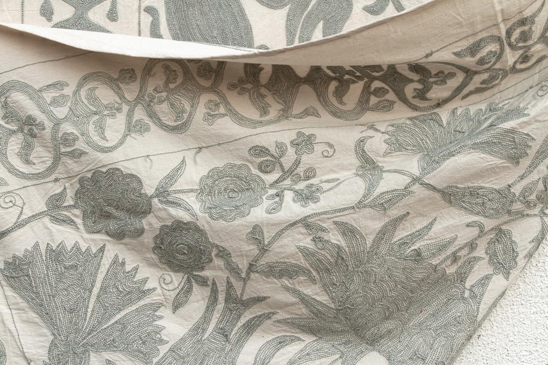 Exquisite Pearl Tone Hand-Embroidered Suzani Throw - 9