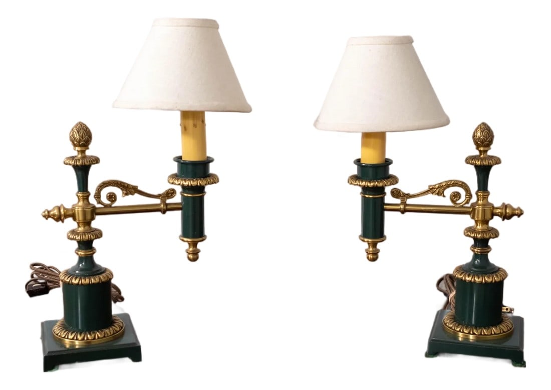 Pair French Bouillotte Small Table Lamps W. Shade: Age: C.1950s Details: Quality Construction French Style Green Painted Finish On Metal w. Brass Accents Condition: Excellent Original Finish & Condition Size: 12w x 5d x 17h Condition:
