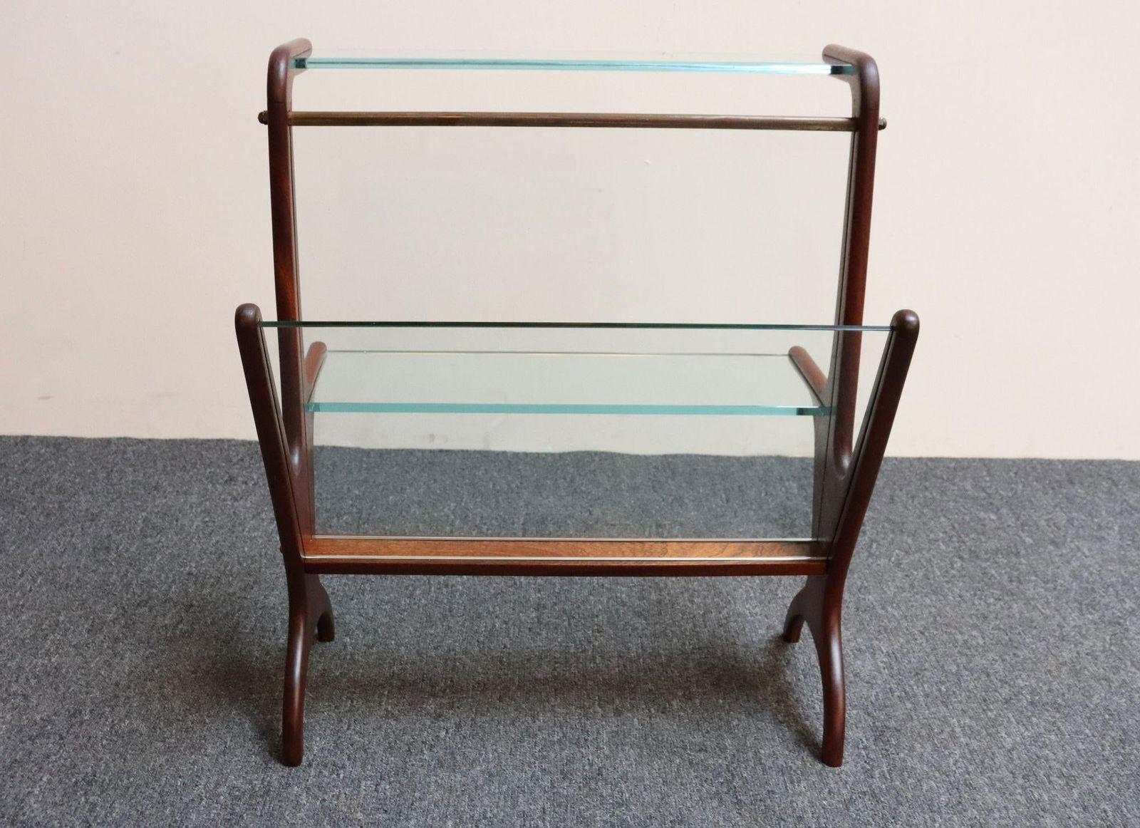 Vintage Italian Modern Sculptural Walnut, Brass and Glass Magazine Rack / Stand - 3