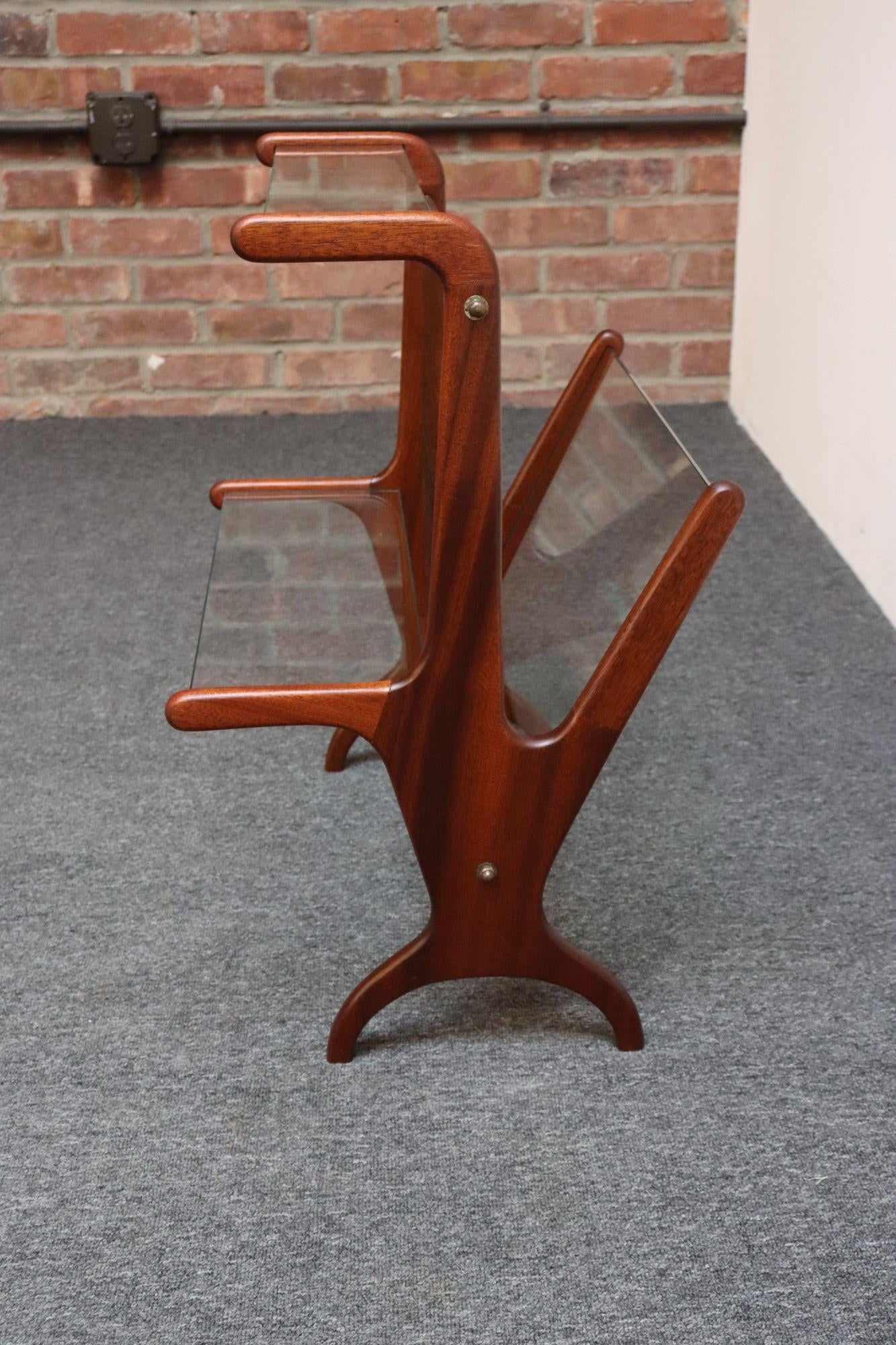 Vintage Italian Modern Sculptural Walnut, Brass and Glass Magazine Rack / Stand - 6