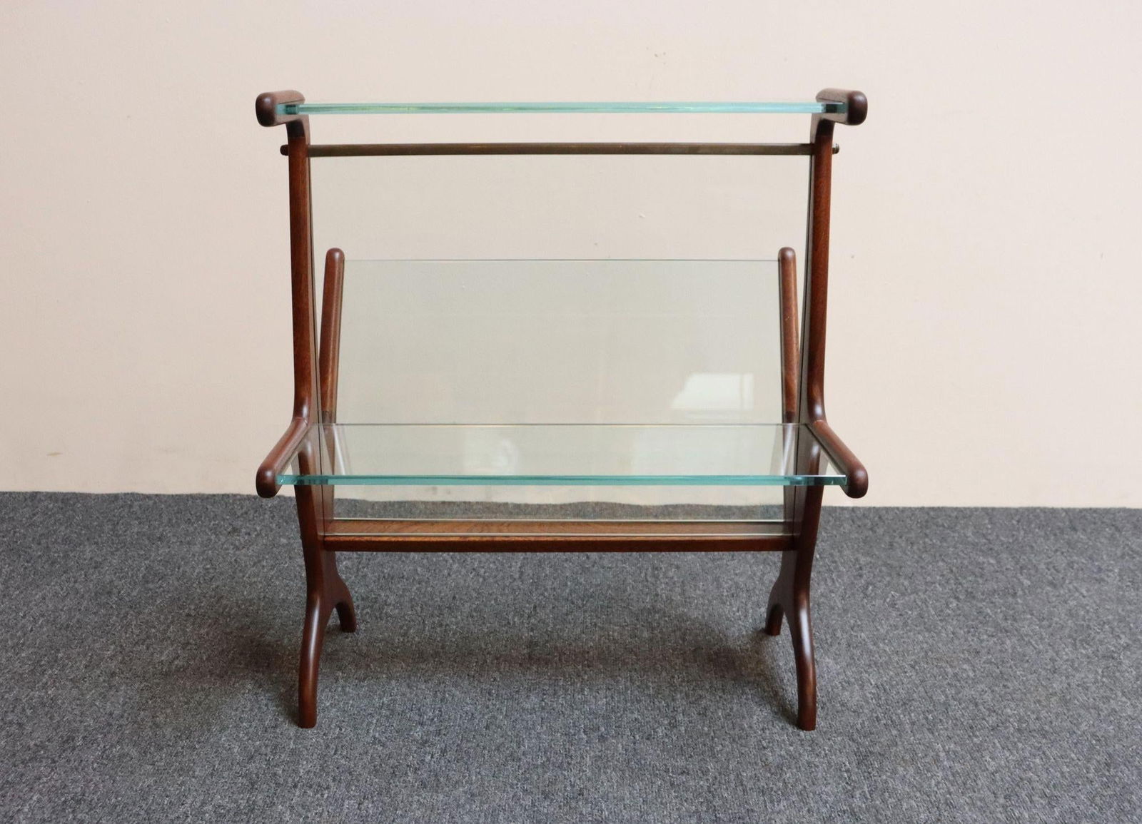 Vintage Italian Modern Sculptural Walnut, Brass and Glass Magazine Rack / Stand - 9