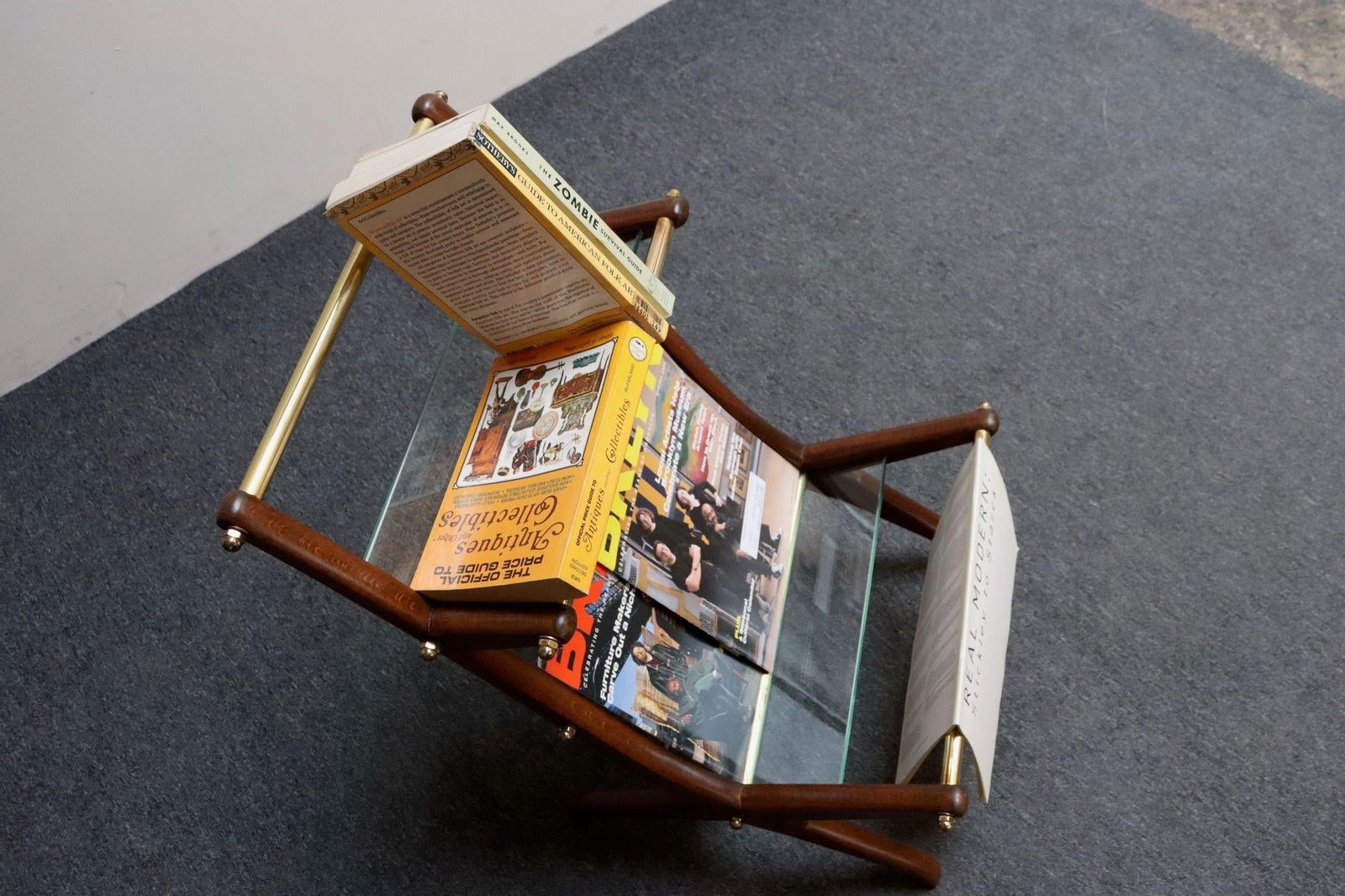 Italian Modernist Sculptural Walnut, Brass and Glass Magazine Rack / Stand - 10