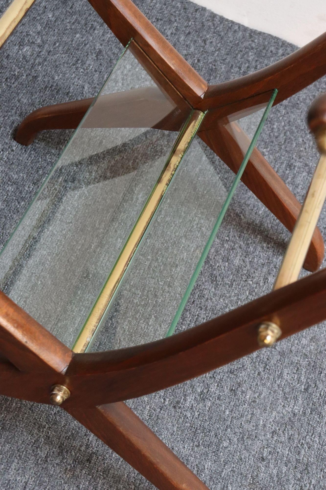 Italian Modernist Sculptural Walnut, Brass and Glass Magazine Rack / Stand - 15