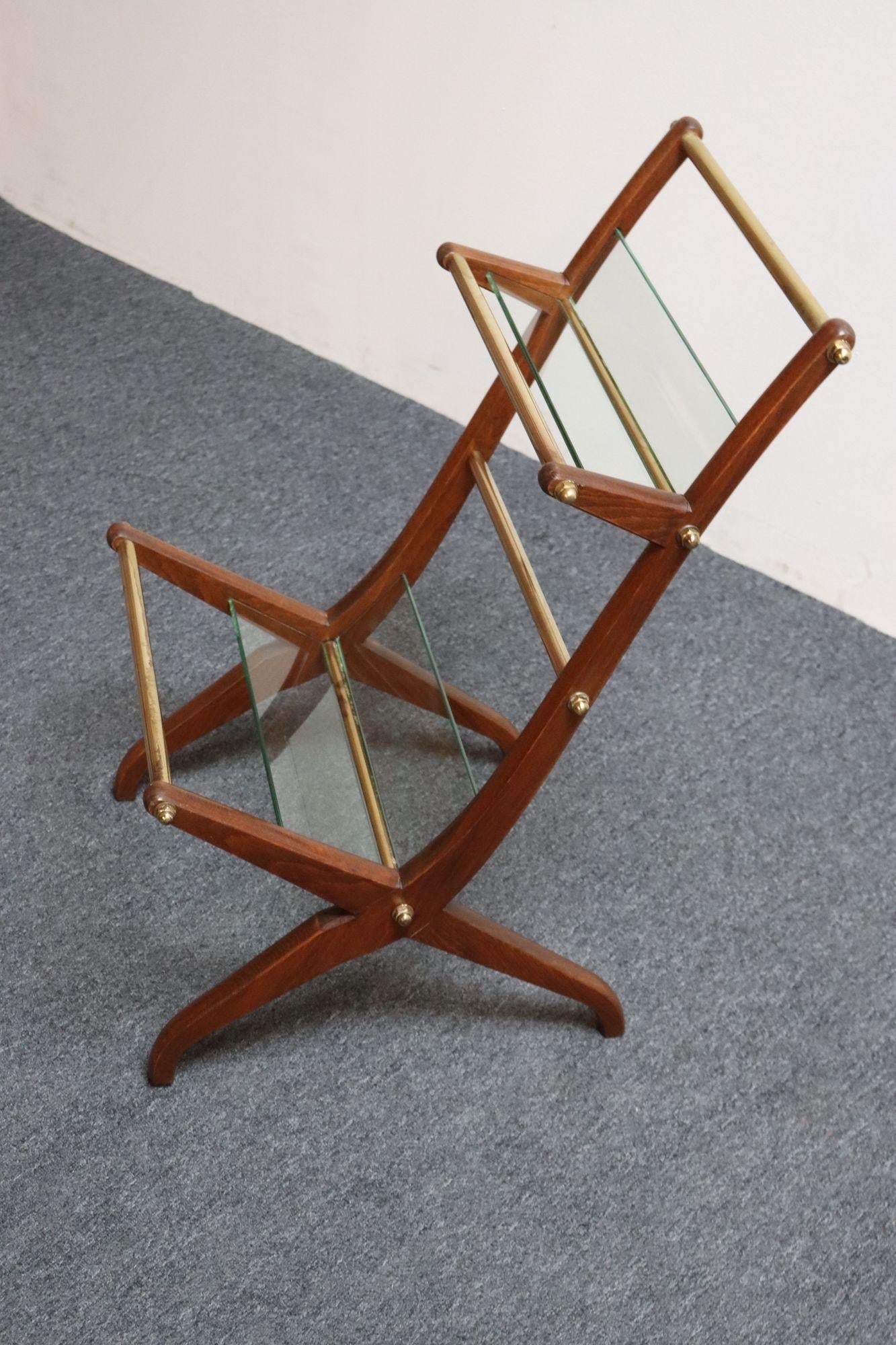 Italian Modernist Sculptural Walnut, Brass and Glass Magazine Rack / Stand - 2