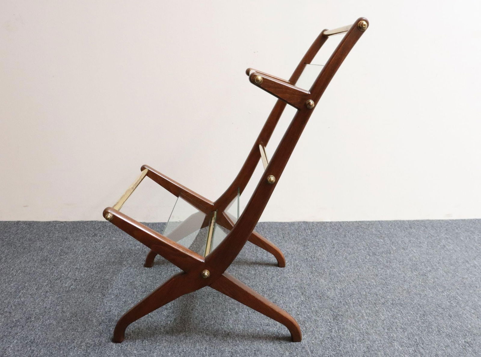 Italian Modernist Sculptural Walnut, Brass and Glass Magazine Rack / Stand - 7