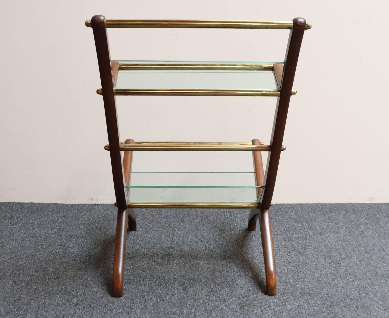 Italian Modernist Sculptural Walnut, Brass and Glass Magazine Rack / Stand - 9