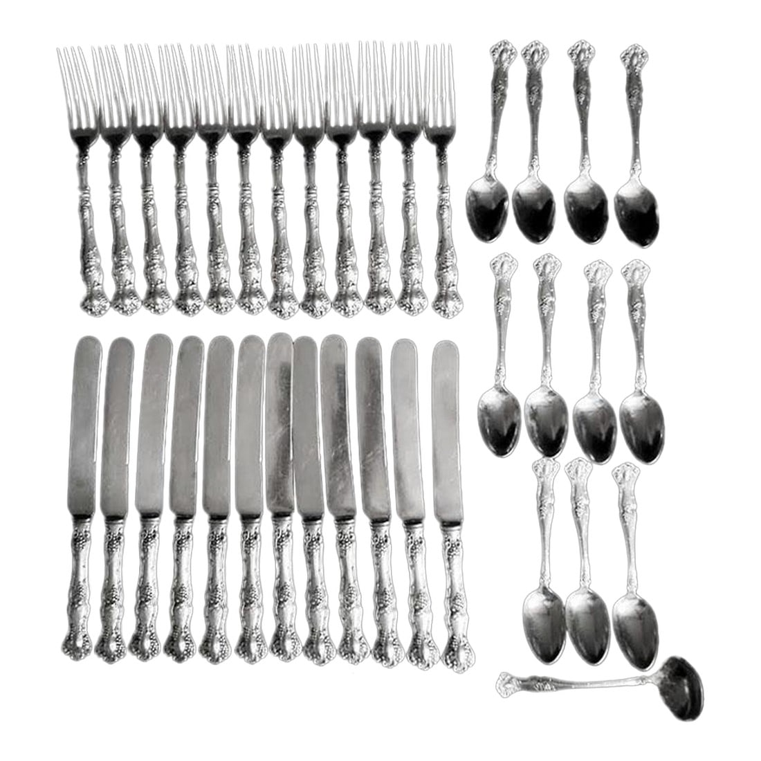 Antique Xs Quintuple Silverplate Rogers 1874 Vintage Grape Pattern Flatware Set - 36 PCS: Rare 36 piece Set of 1847 Rogers silverplate flatware by International Silver, discontinued in 1904. This is the stunning Vintage Grape pattern. They are marked Xs Quintuple. "XS Quintuple