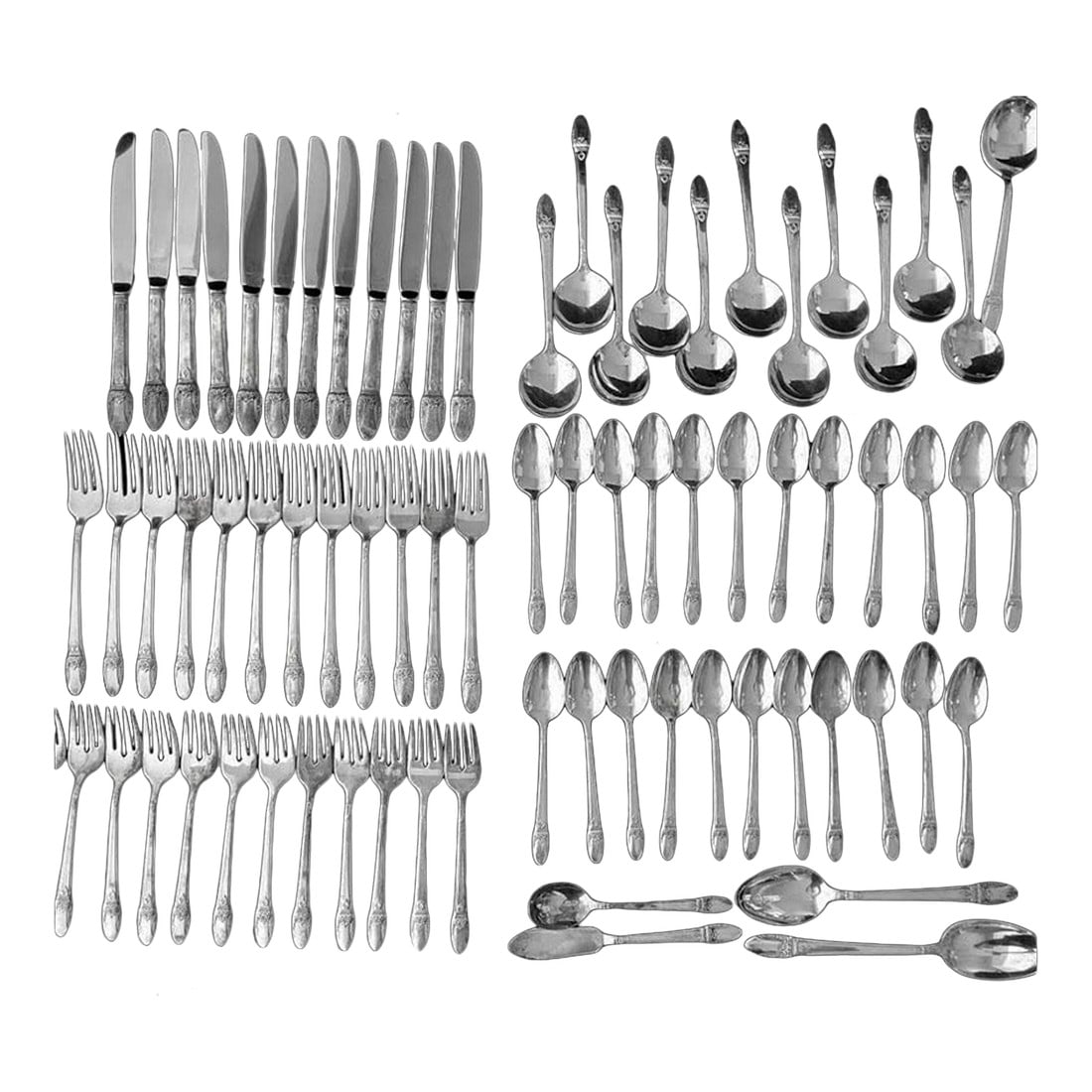 Vintage Set Wm Rogers Silverplate Flatware First Love Pattern - 75 PCS: Vintage set of Wm Rogers (International Silver) silverplate flatware in the popular "First Love" pattern produced between 1937 & 1973. This is a 75 piece set which includes lots of extras in