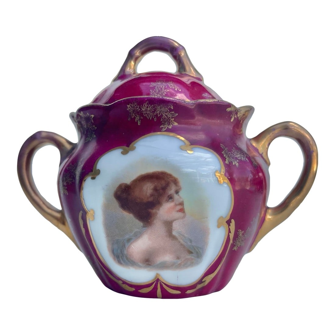 19th Century Victorian Lidded Small Jar or Sugar Bowl: This exquisite antique Victoria Austria porcelain sugar bowl beautifully adorned with hand-painted female portrait framed in delicate gold accents. Crafted in the late 19th to early 20th century,