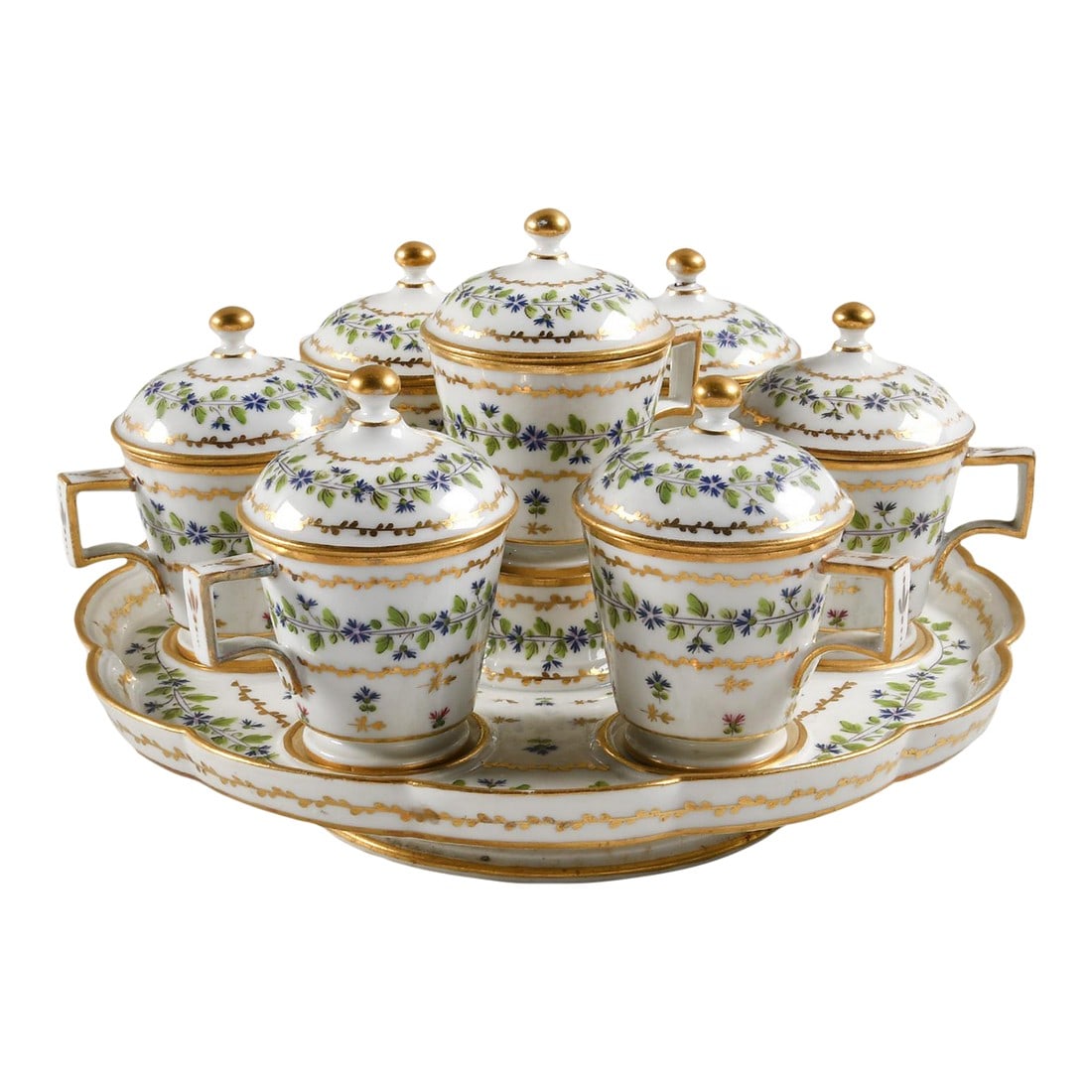 18th-Century French André-Marie Pot De Crème Set, Hand-Painted Paris Porcelain With Gilt &: This exquisite 18th-century French pot de crème service is attributed to the Paris porcelain atelier of André-Marie (Rue Thiroux), circa 1775–1790. Beautifully preserved and