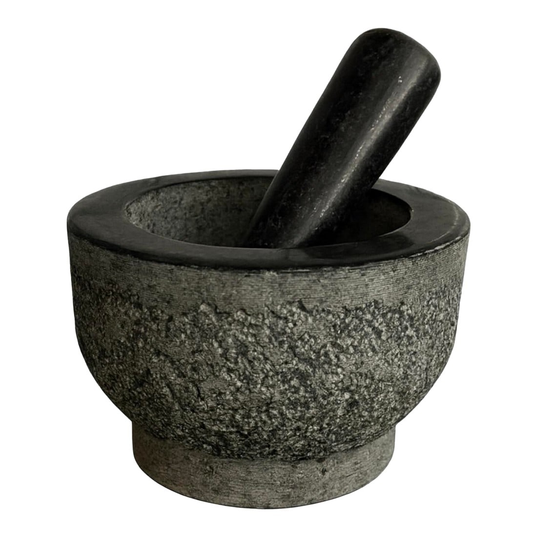Substantial Charcoal Granite Mortar & Pestle, 1960s: A substantial 1960s charcoal-granite mortar & pestle with the kind of weight, form, and sculptural presence that elevates it beyond utility and into décor. At 8 pounds, this piece feels anchored