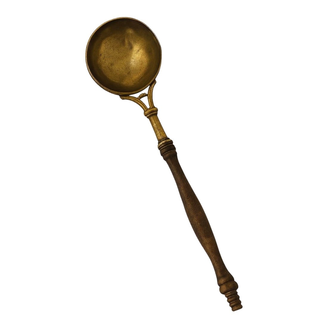19th-C. Brass Ladle With Hand Turned Hardwood Handle "” Elegant Yoke Detail: An exceptionally sculptural antique brass and hardwood ladle, dating to the late 19th century. The piece features a beautifully cast brass bowl with warm, authentic patina, joined to the handle by an