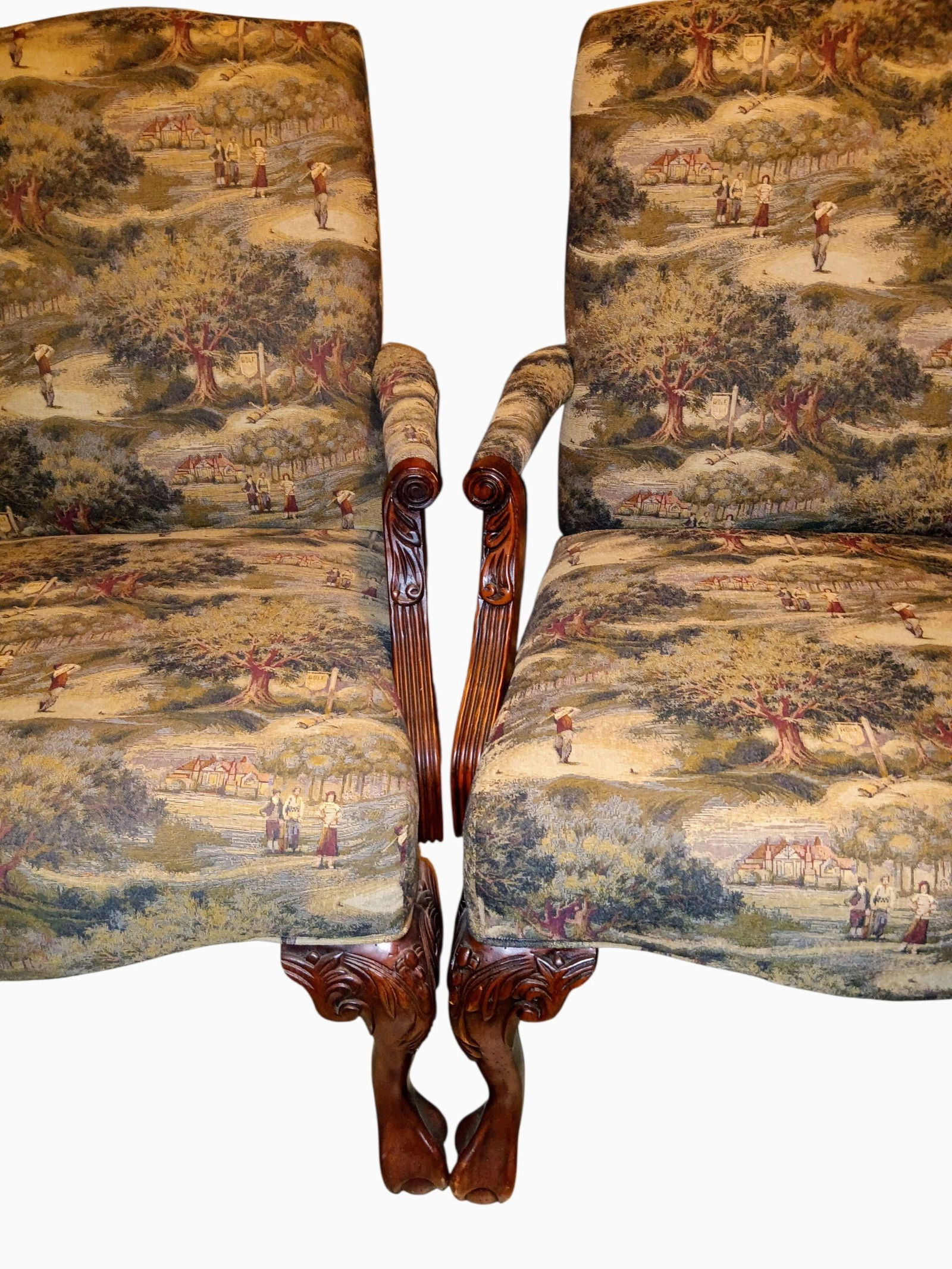 Golf-Themed Hand Done Needlepoint and Petit Point Georgian Hand Carved Mahogany Frame Armchairs - Se - 2