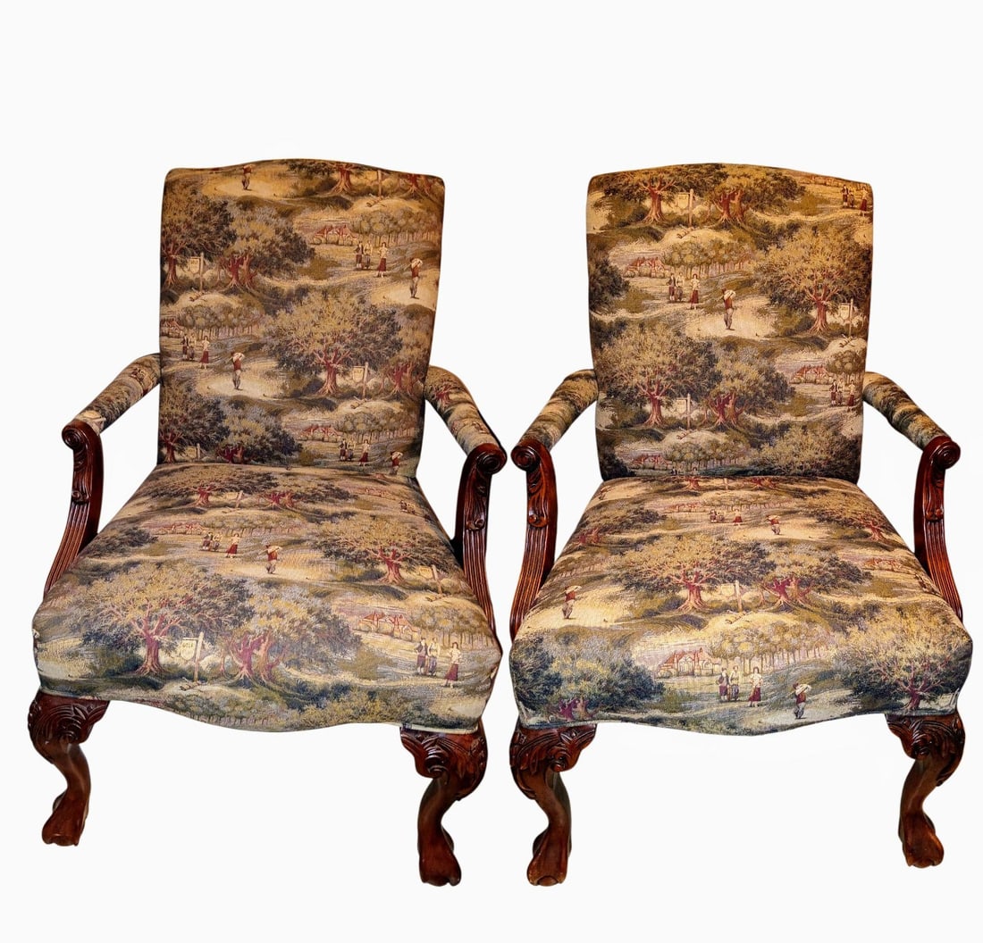 Golf-Themed Hand Done Needlepoint and Petit Point Georgian Hand Carved Mahogany Frame Armchairs - Se - 3