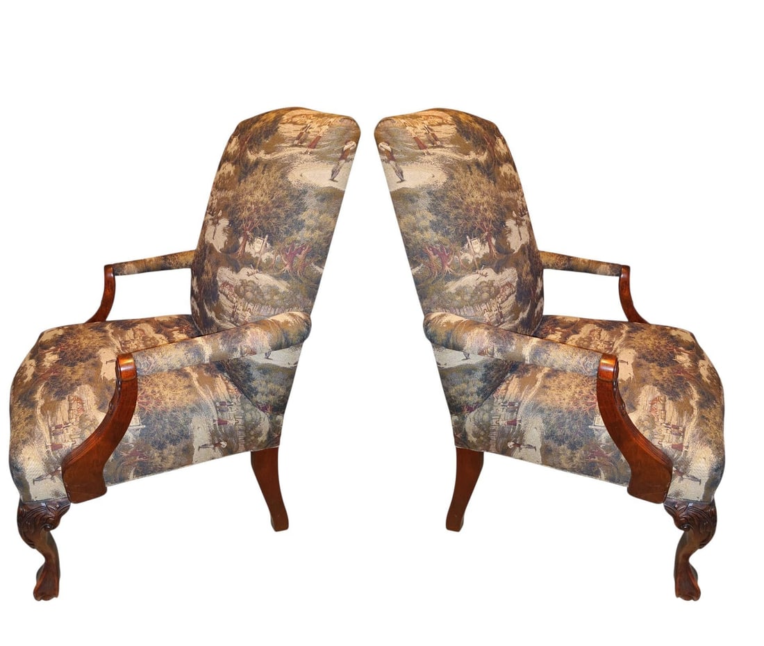 Golf-Themed Hand Done Needlepoint and Petit Point Georgian Hand Carved Mahogany Frame Armchairs - Se - 4