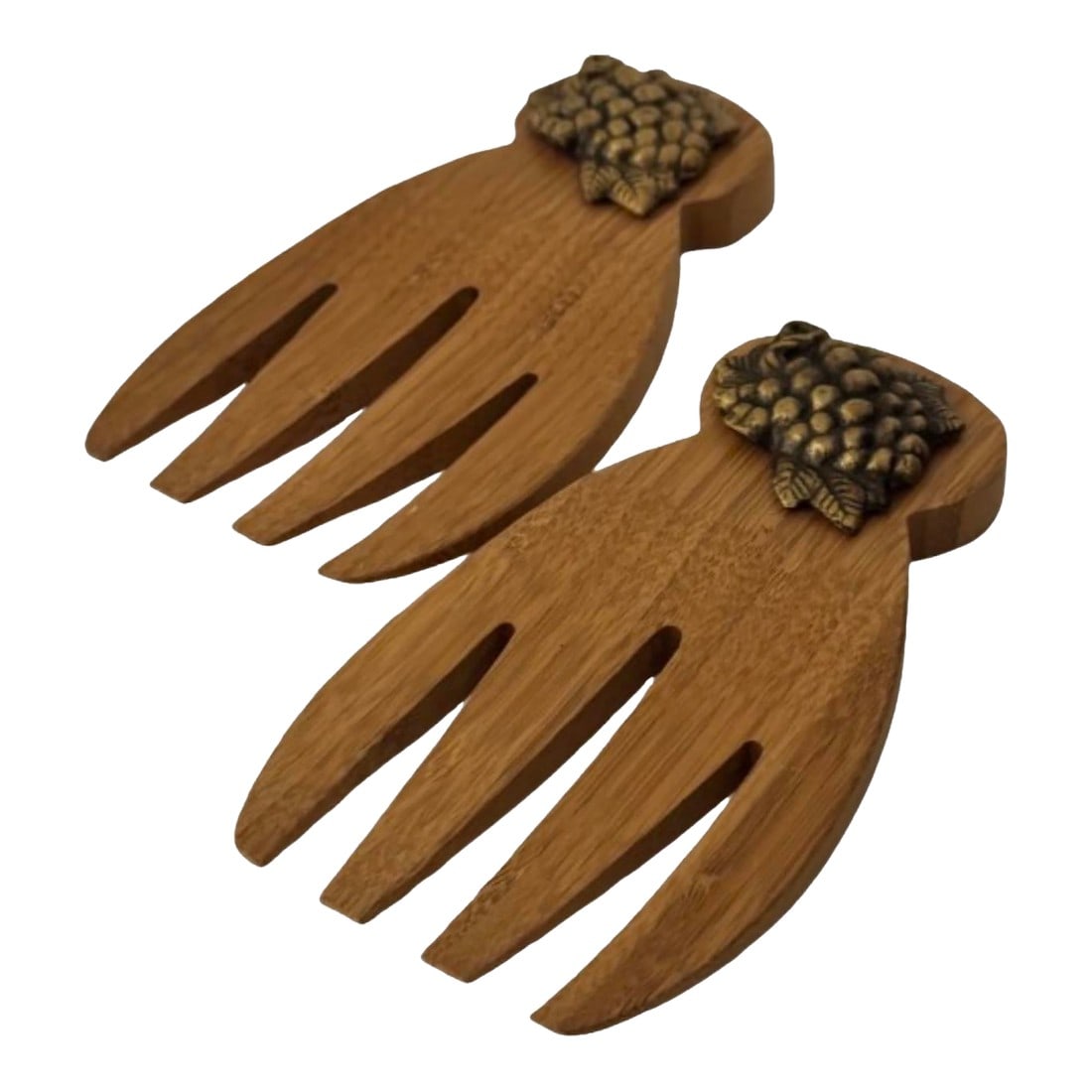 Signed Michael Healy Bronze-Cluster Sculptural Salad Set, 2011 - a Pair: Signed Michael Healy Â©2011 bamboo salad hands with bronze "Grape Cluster" finials. Canadian-sourced and rarely seen, blending warm wood with sculptural cast metal. A refined, boutique