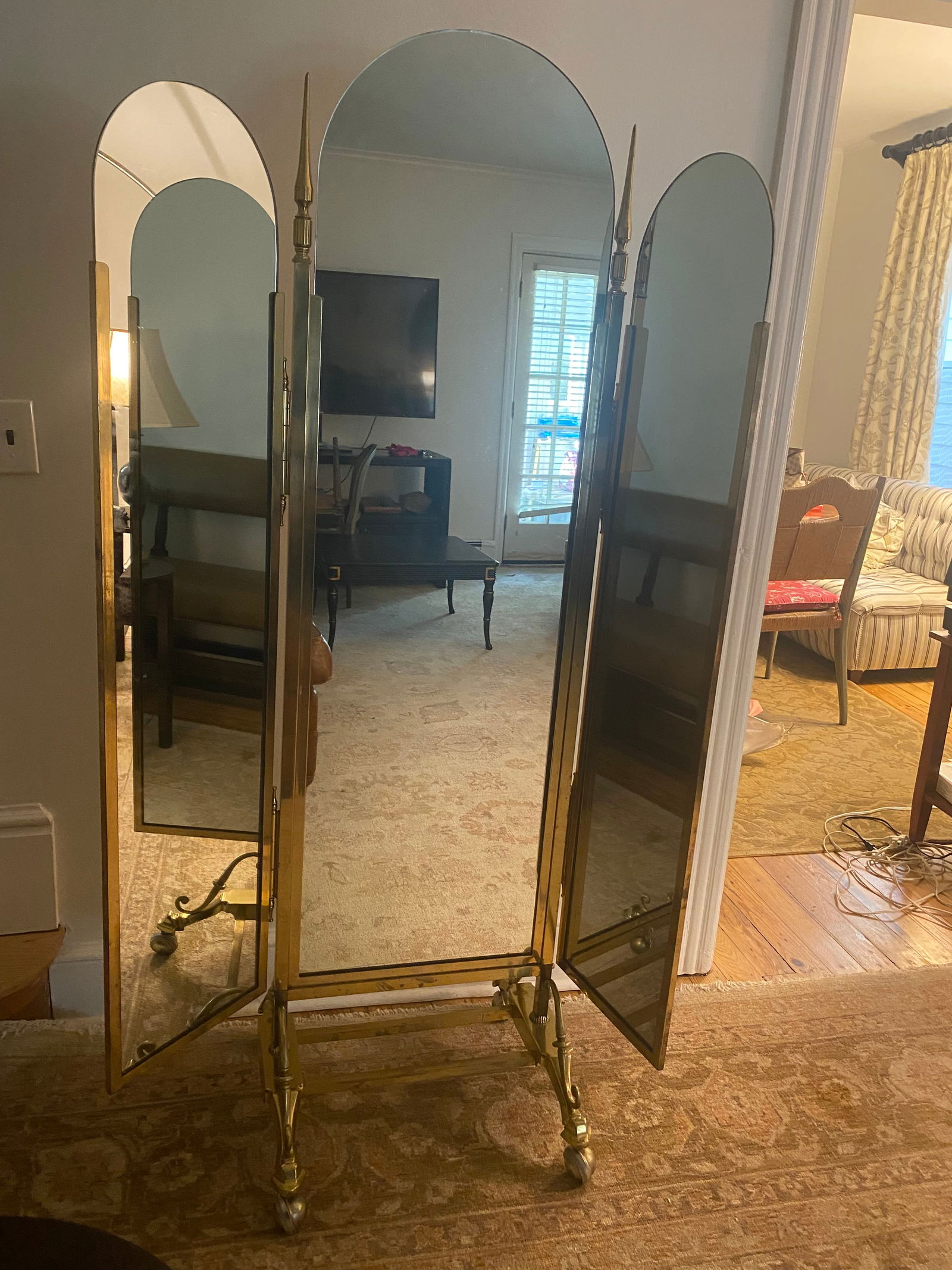 Large Brass Tri Fold Floor Mirror - 7