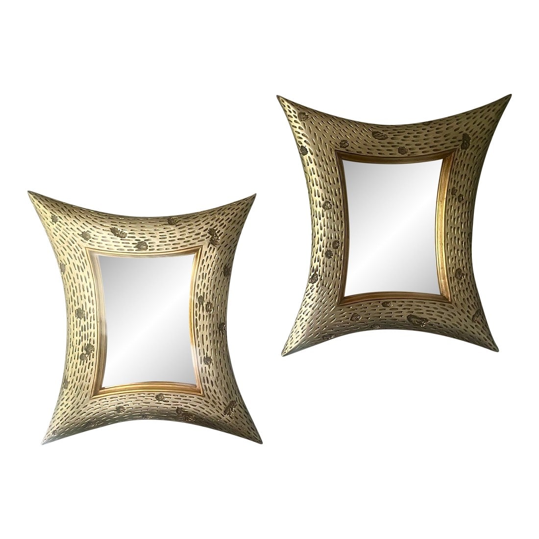 Pair of Christopher Guy Diamond Wall Mirrors in Mahogany With Beveled Glass: A striking pair of sculptural four-point mirrors attributed to the style of Christopher Guy. Each frame showcases an expressive, elongated silhouette finished in a beautifully aged silver patina, givi