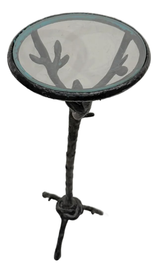 Organic Modern Sculptural Cast Iron Faux Bois Pedestal Side Table With Glass Top, Giacometti Sty: Sculptural organic modern pedestal side table featuring a cast iron branch-form base with a dark patinated finish and round glass top. The elongated proportions, textured surface, and organic
