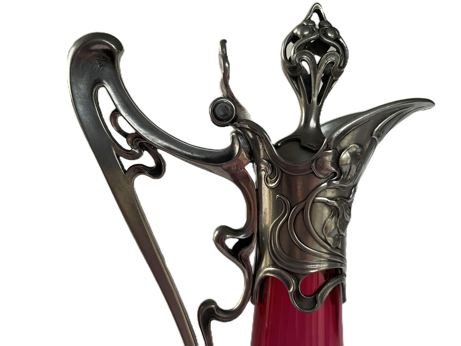 1900s WMF Jugendstil Ruby Glass and Pewter Decanter - 2