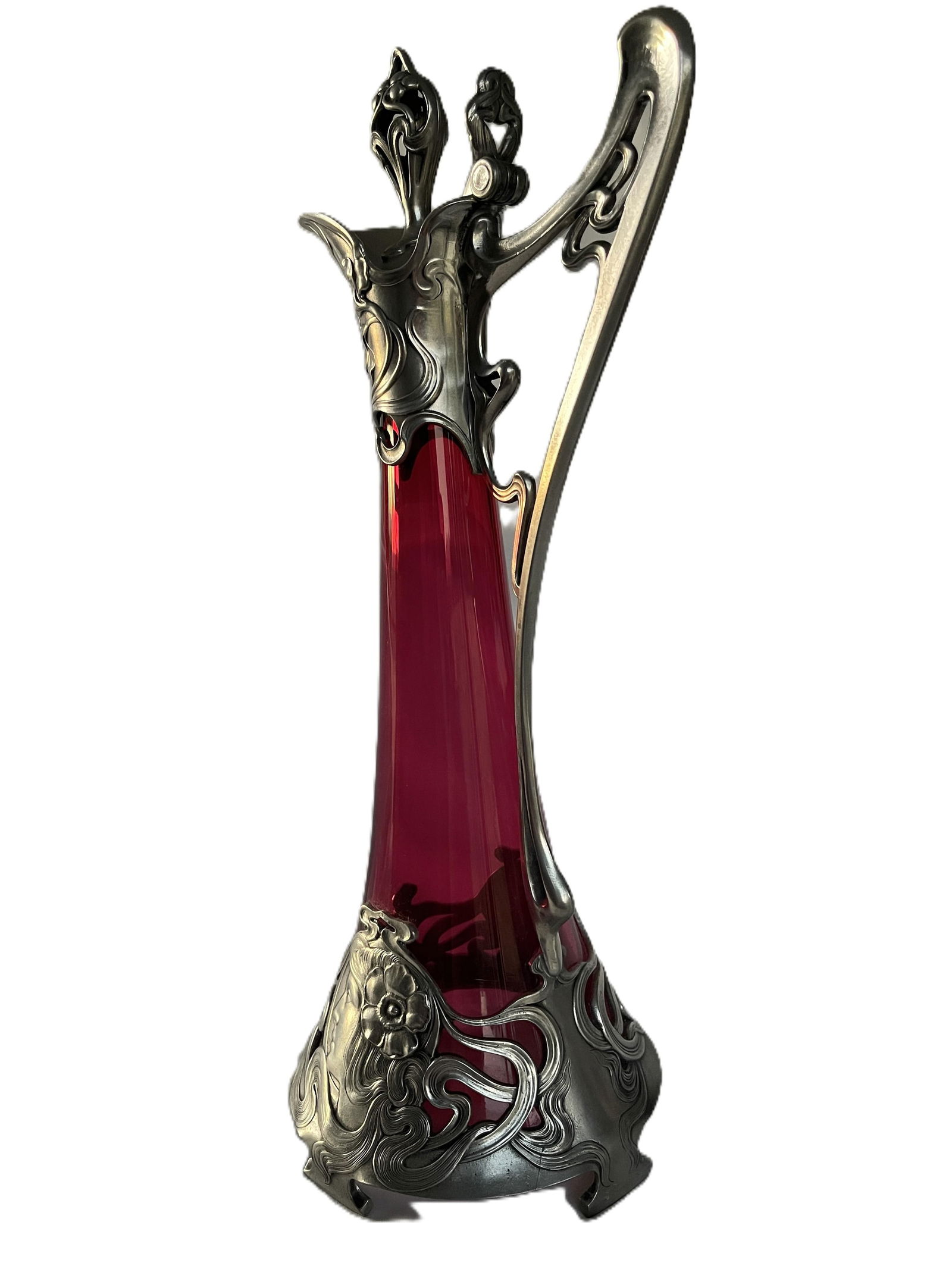 1900s WMF Jugendstil Ruby Glass and Pewter Decanter - 5