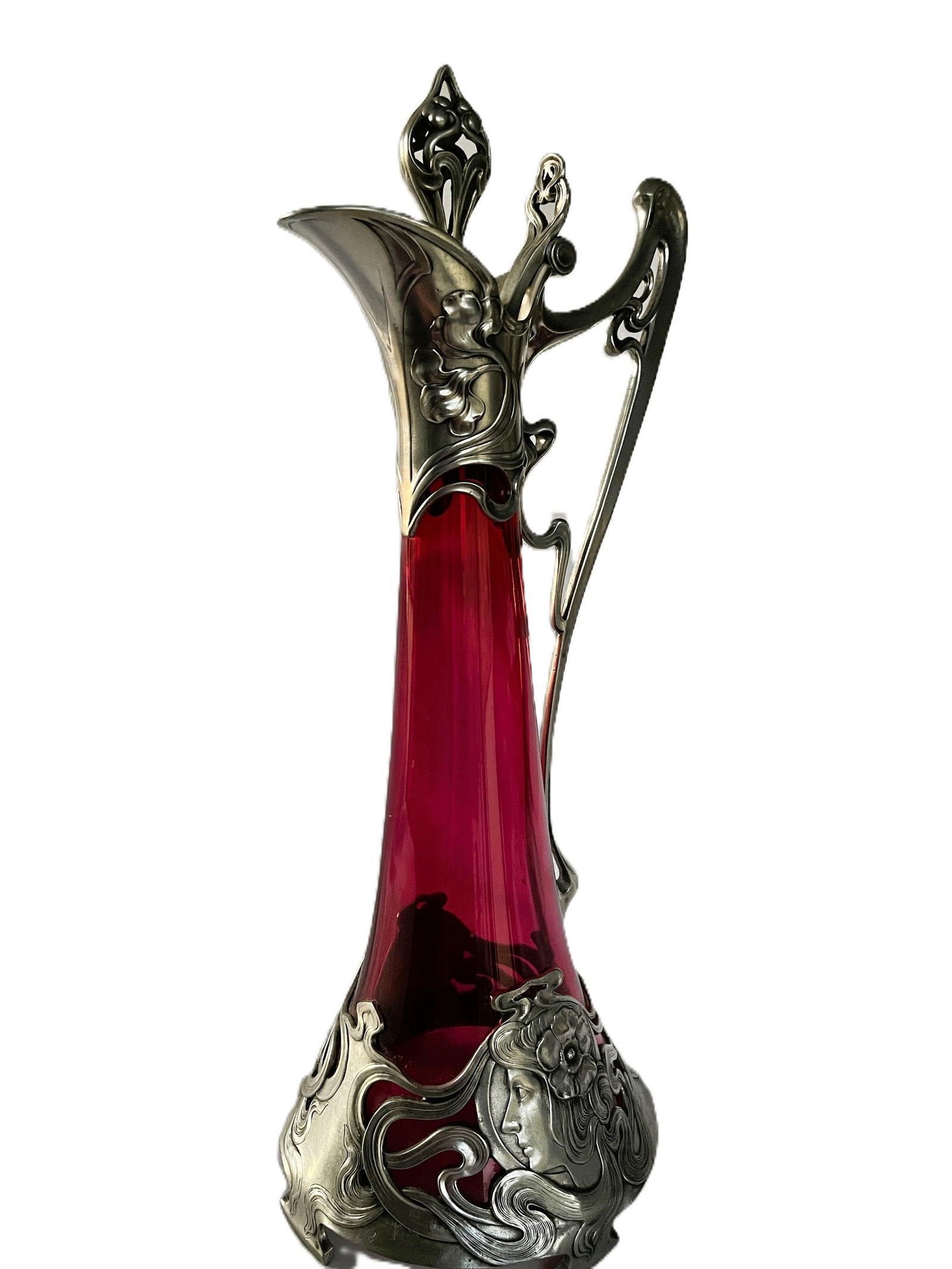 1900s WMF Jugendstil Ruby Glass and Pewter Decanter - 7
