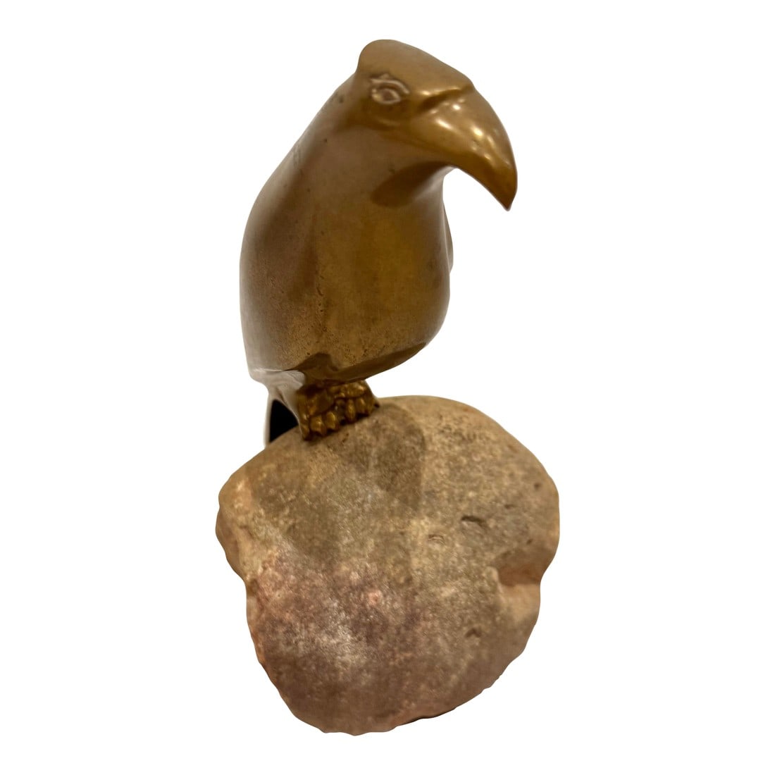 Sarreid Brass Bird/Falcon Sculpture on Brass Base: A sculpture by Sarreid, Spain. A smooth brass falcon with a nicely muted patina perched upon a natural rock base. The falcon is rendered with sleek, stylized lines, characteristic of mid-century moder