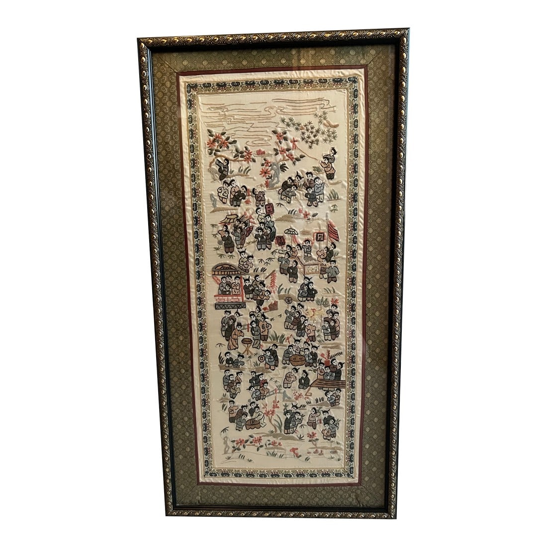 Vintage Framed Hand Embroidered Chinese Silk Tapestry 100 Children at Play: This is an antique framed silk panel. An Oriental, embroidered decorative scene known as the 'Hundred Children' dating to the early 20th century, circa 1900. Fascinating Oriental antique craftsmanship
