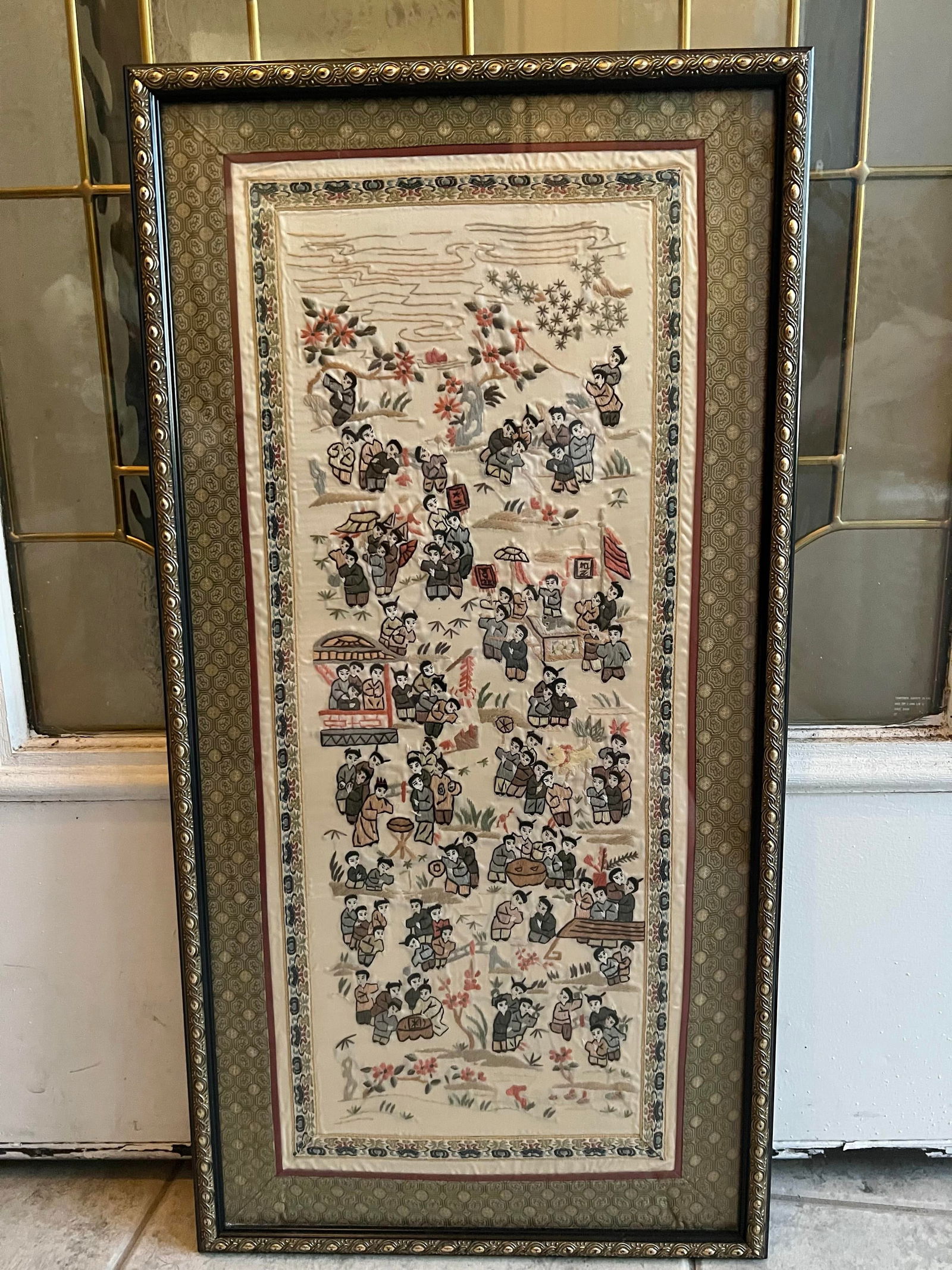 Vintage Framed Hand Embroidered Chinese Silk Tapestry 100 Children at Play - 2
