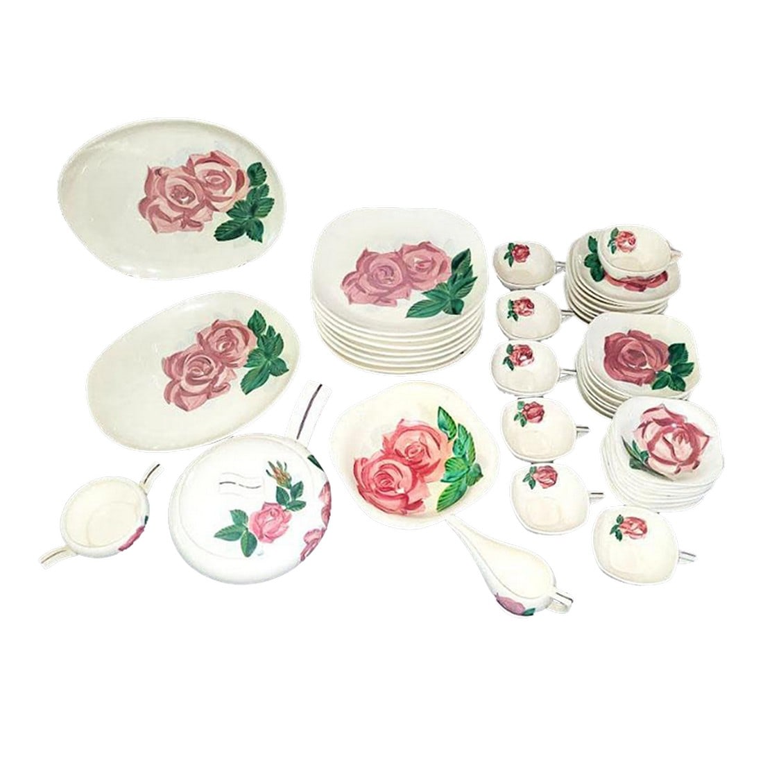 1940s Red Wing Pottery Dinnerware Set Hand Painted - 35 Pieces: Rare set of Red Wing hand painted Pottery in the Lexington Rose pattern. The pattern, featuring hand-painted pinkish-red roses and green leaves, was produced from 1942 to 1955. Includes: 2