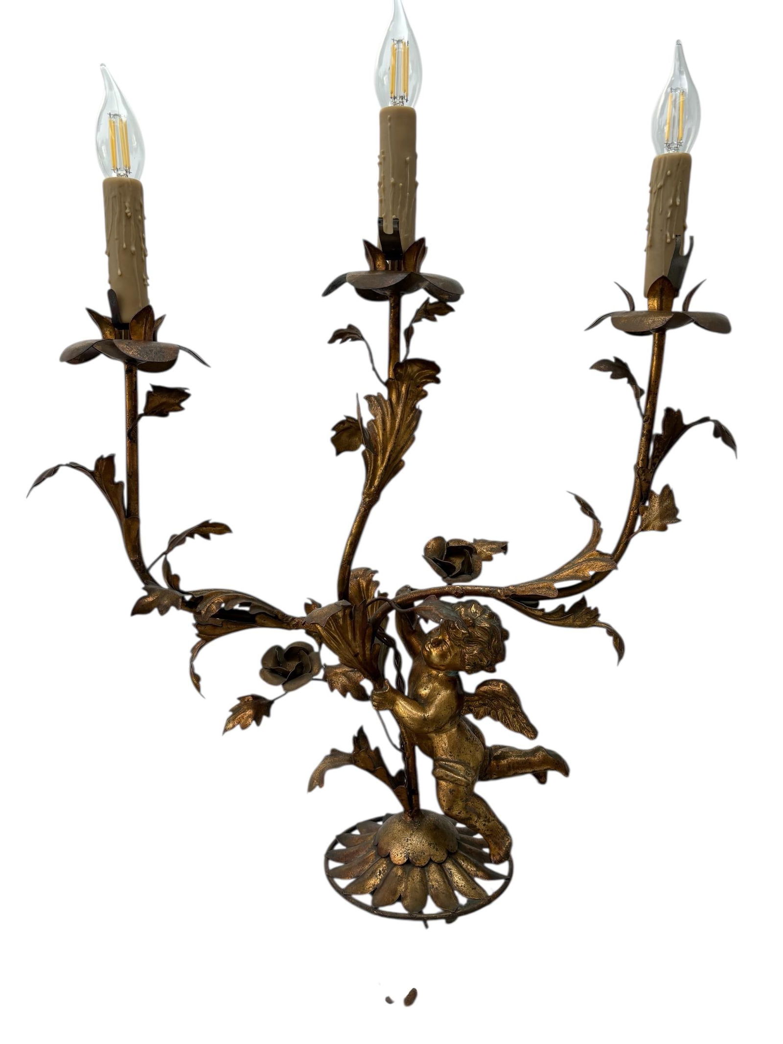 Large Antique Bronze Gold Gilt Metal Cherub Angle Candelabra Table Lamp - 4