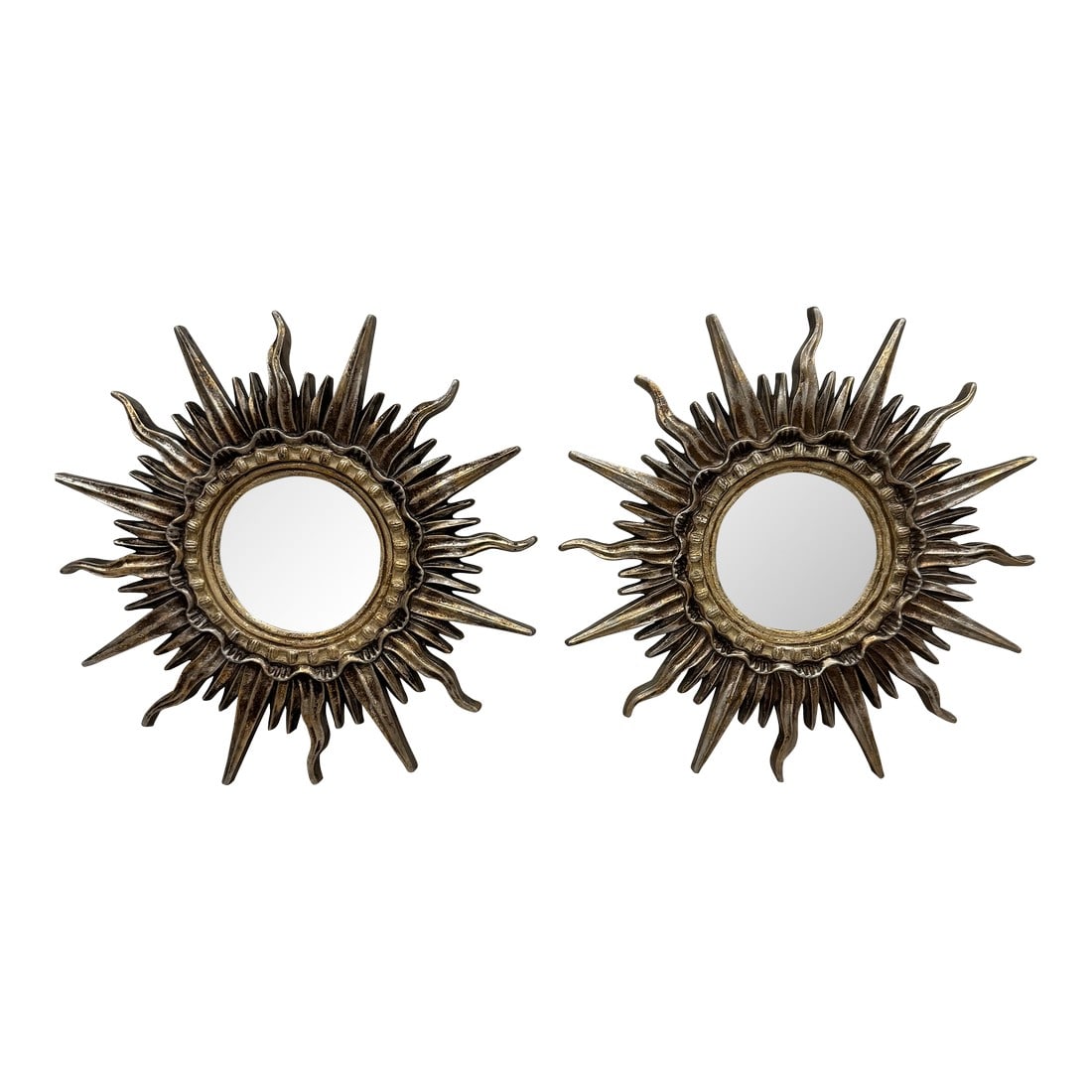 Vintage Silver and Gilt Sunburst Mirrors – A Pair. Heavy Plaster Hollywood Regency / Spanish: Gorgeous vintage gilt sunburst mirrors, sold as a matching pair. These pieces date to the 1960s and feature a classic Hollywood Regency / Spanish Revival silhouette with dramatic, sculptural rays. Eac