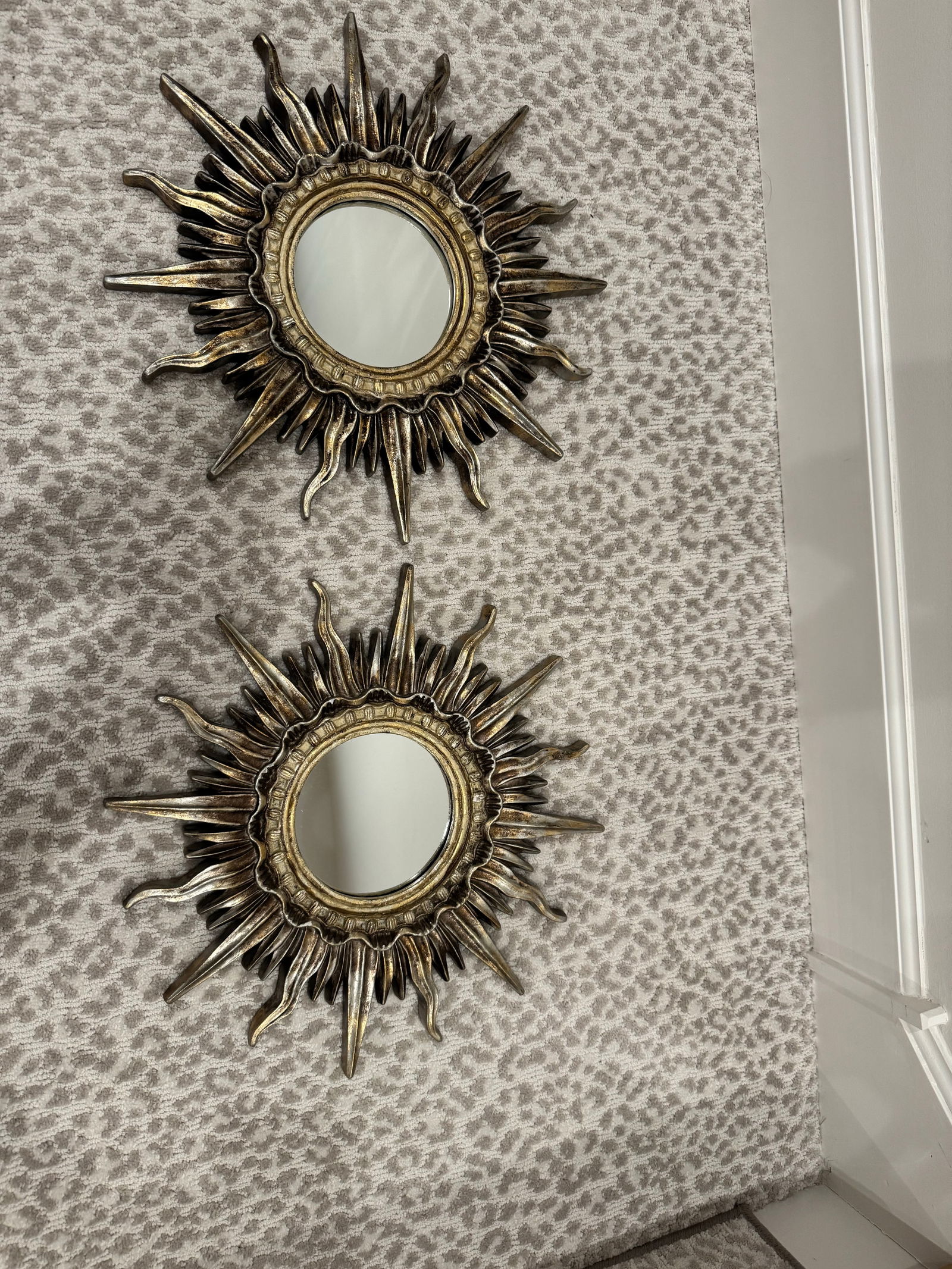 Vintage Silver and Gilt Sunburst Mirrors – A Pair. Heavy Plaster Hollywood Regency / Spanish - 2