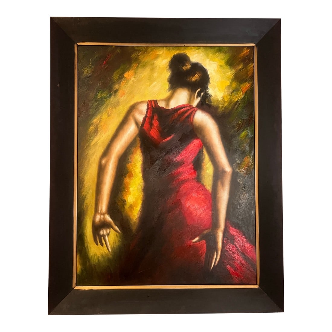 Expressive Spanish Flamenco Dancer Oil Painting in Red and Gold, Early 21st Century: This elegant early 21st century oil on canvas captures the passion and intensity of a Spanish flamenco dancer mid-performance. Rendered with expressive movement and rich color, the composition